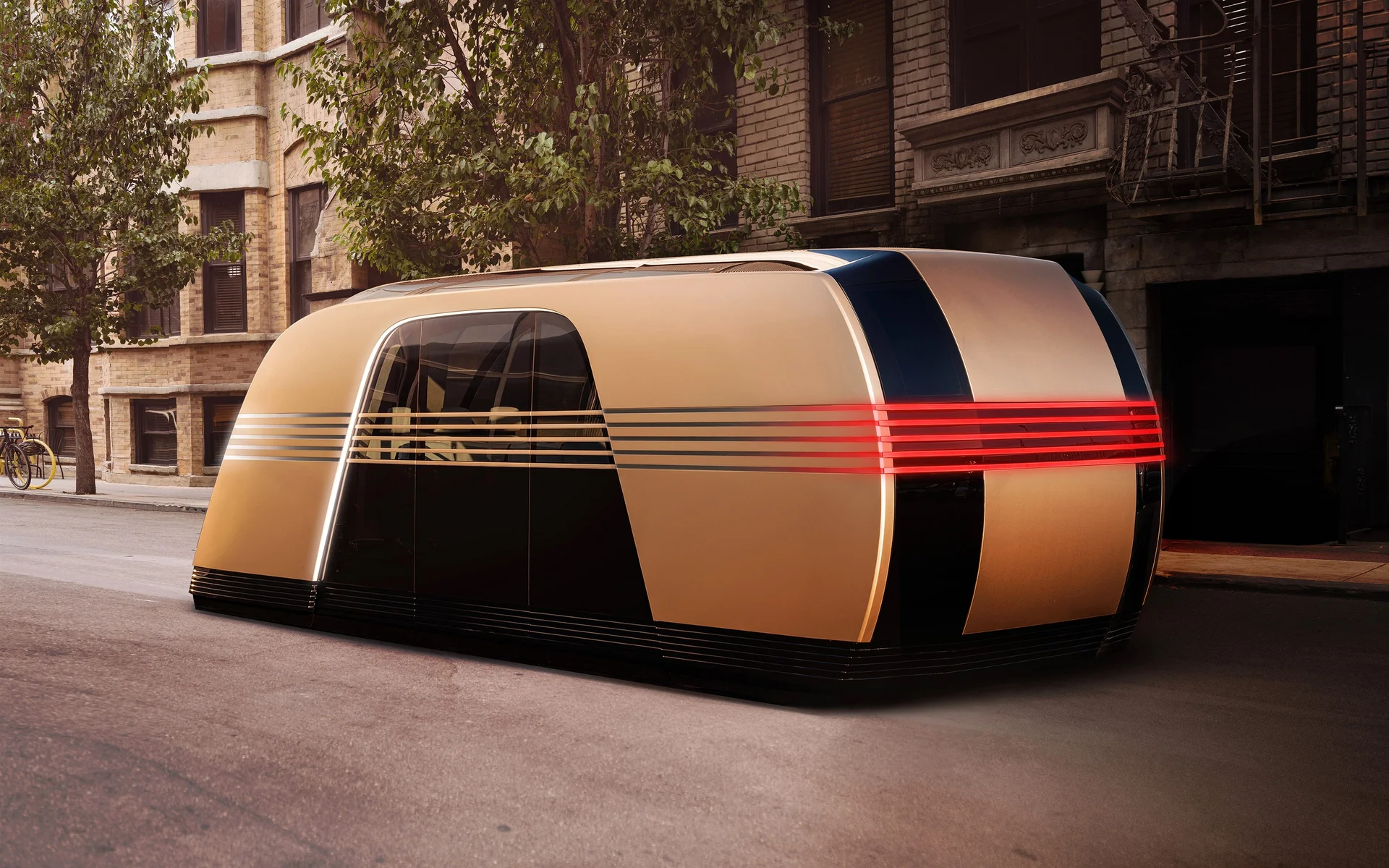 特斯拉 Robovan 金色概念车壁纸，未来出行舱式设计