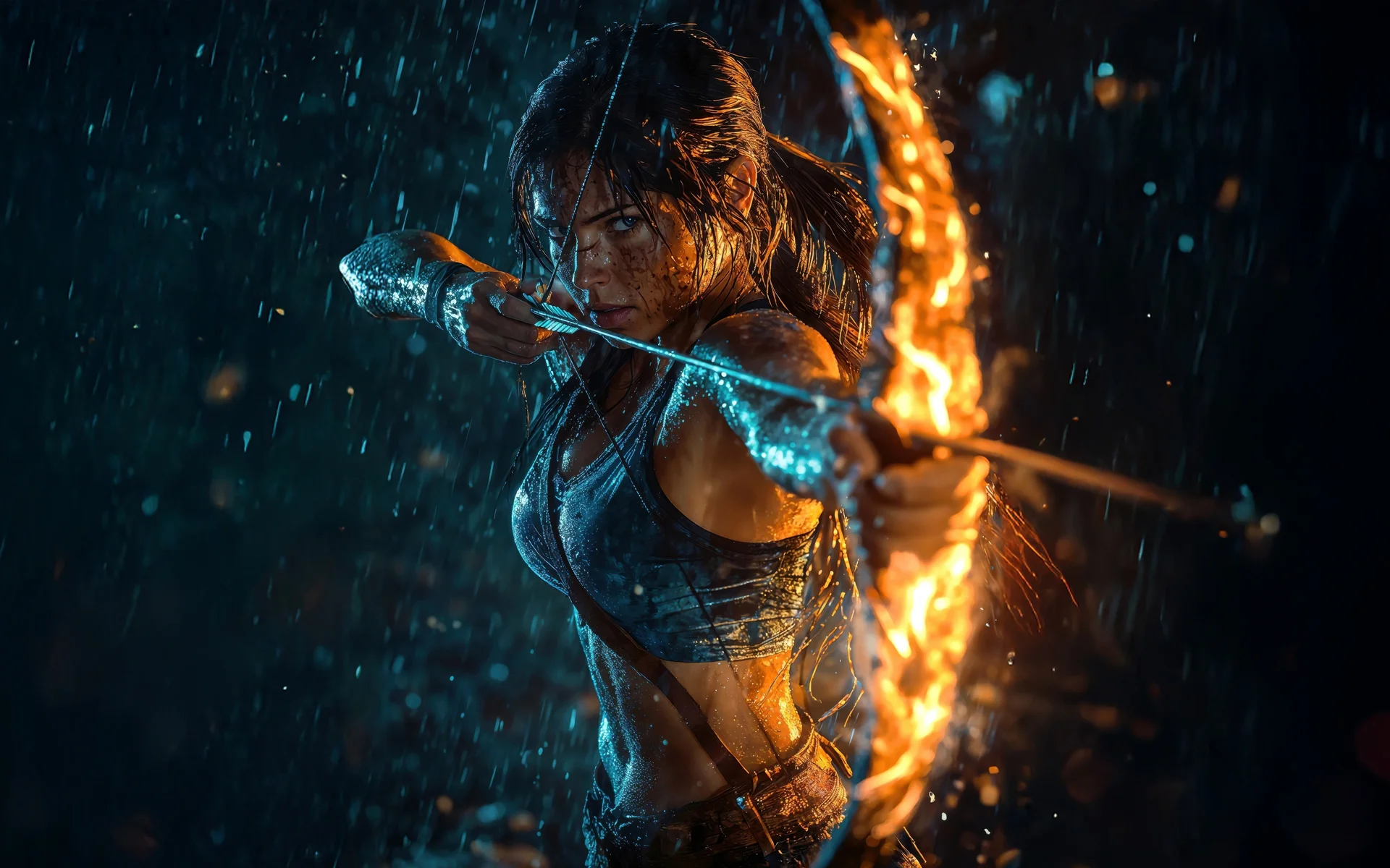 劳拉・克劳馥雨夜燃弓 4K 壁纸，古墓丽影硬核女战士