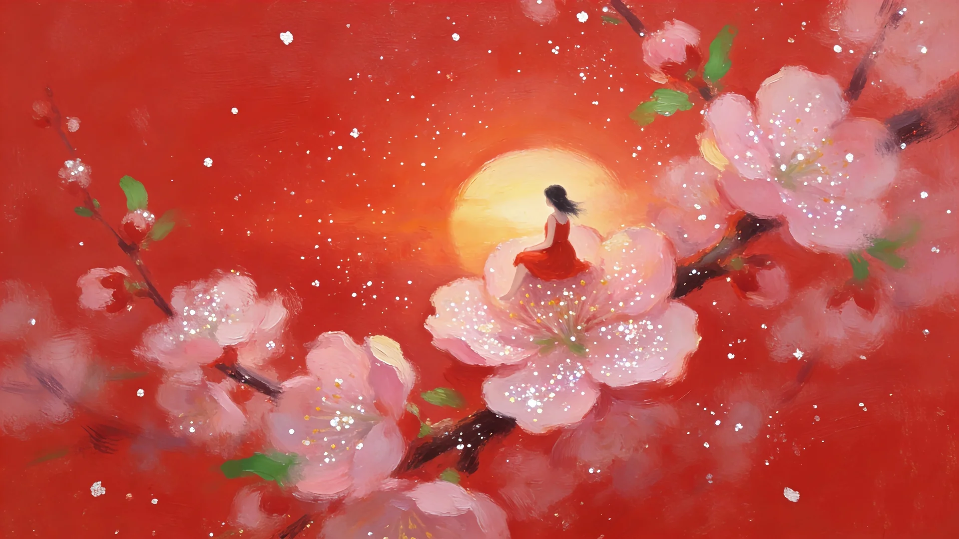桃花少女圆月，红色国风意境 4K 电脑壁纸