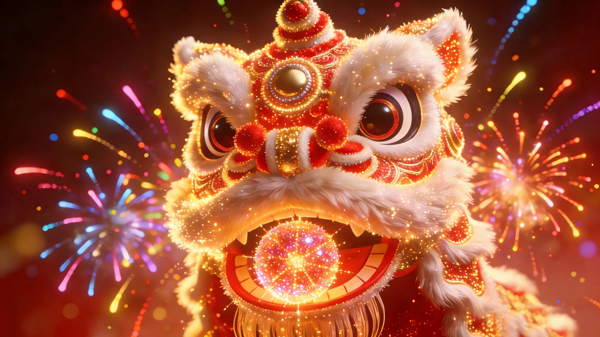 璀璨醒狮，烟花背景 4K 新春特写壁纸