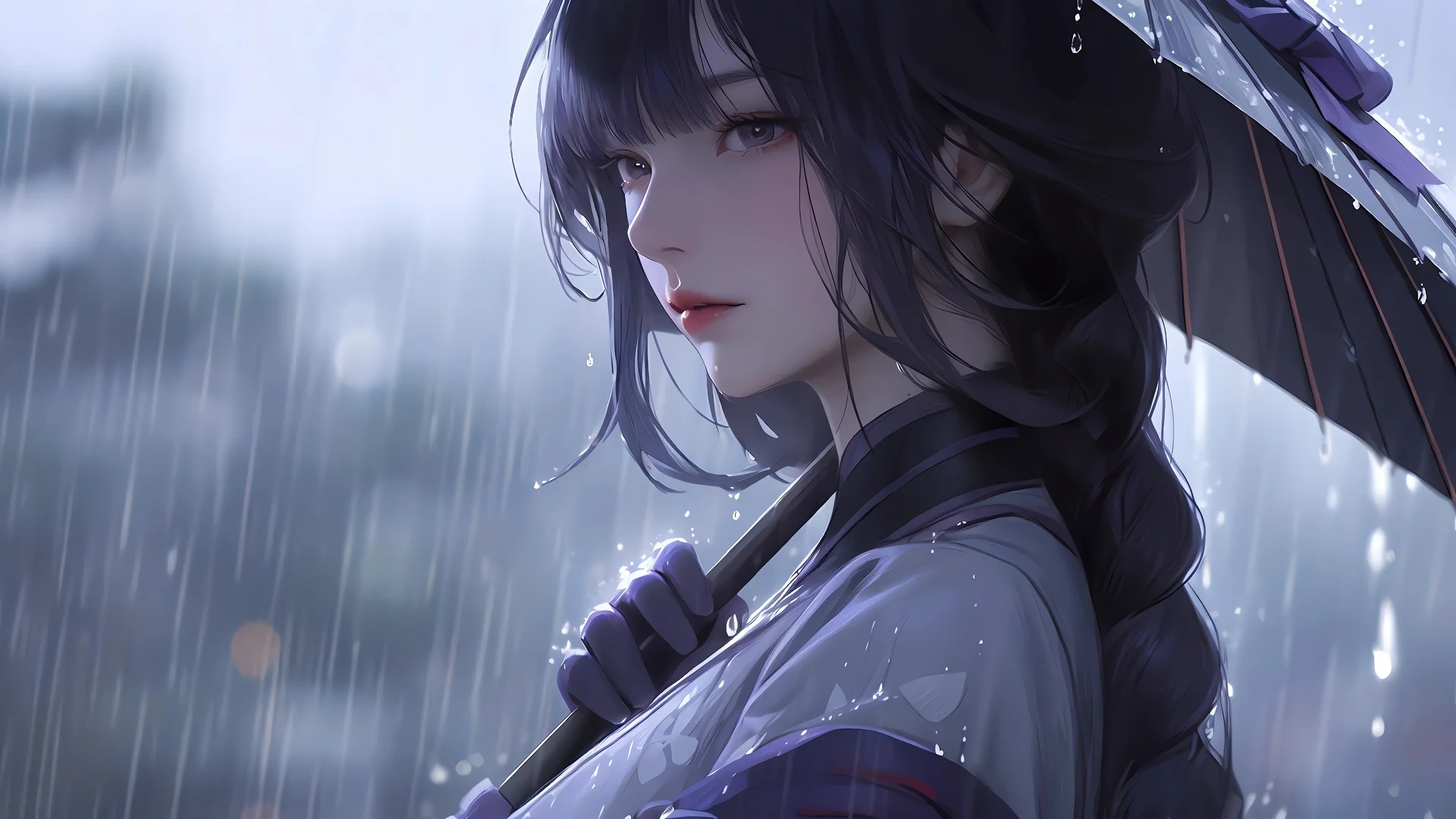 雨夜撑伞古风少女，紫蓝汉服 4K 唯美插画壁纸