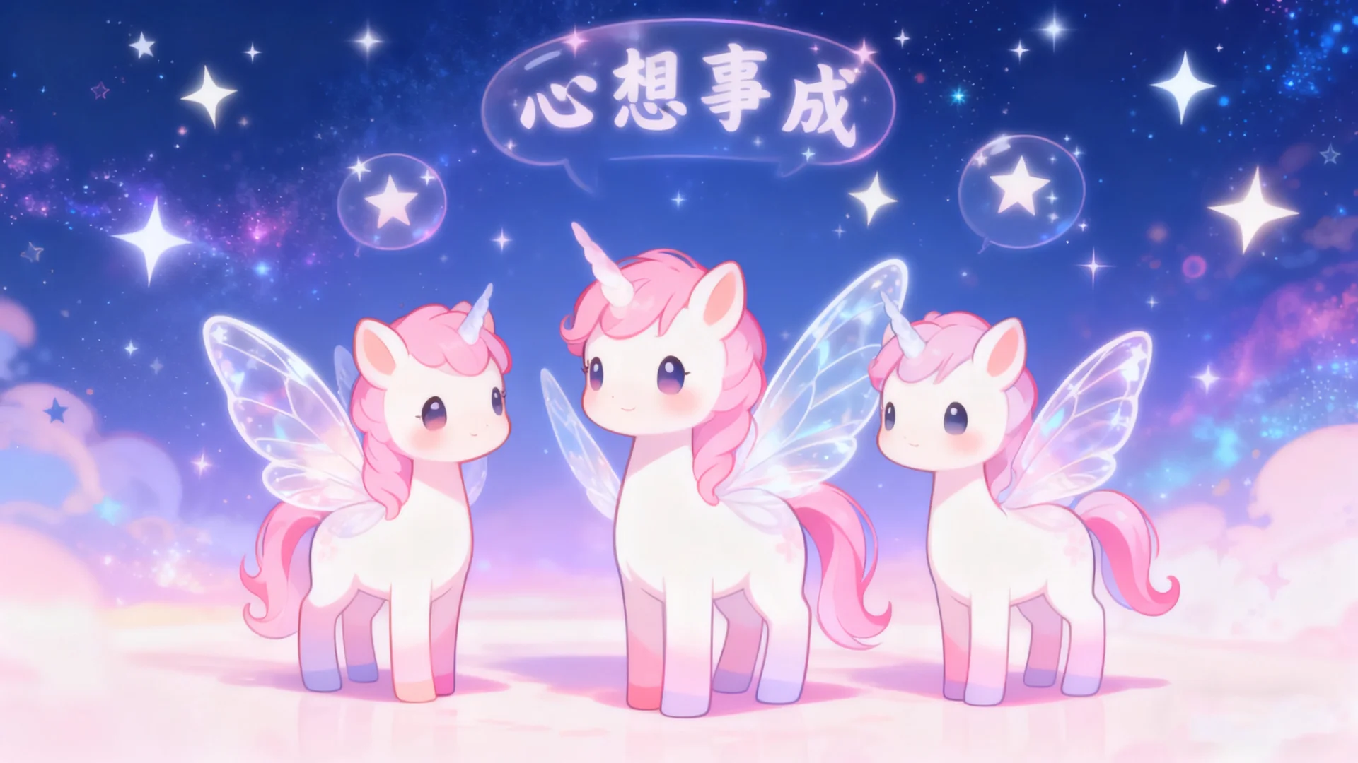 粉翼独角兽，心想事成 4K 治愈系插画壁纸