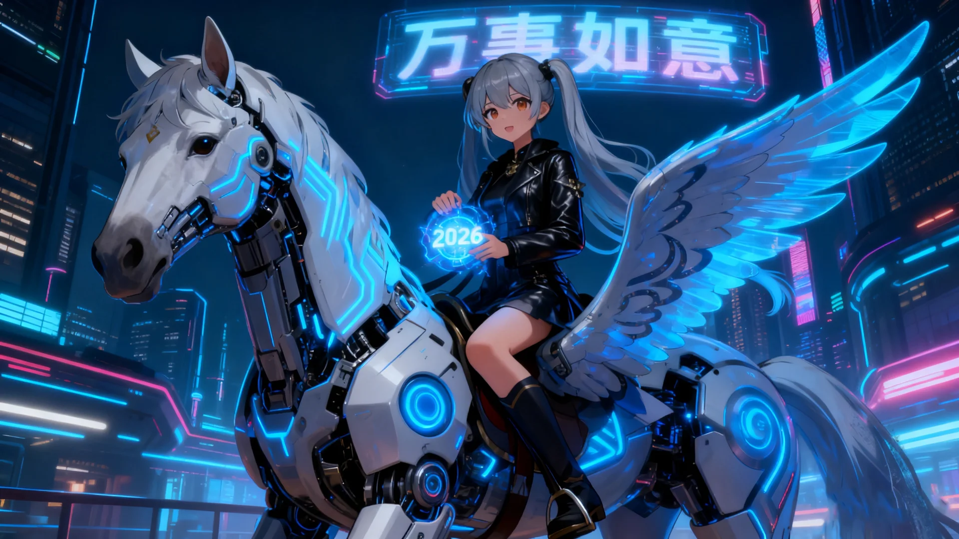 赛博机械飞马，2026 万事顺意 4K 赛博朋克插画壁纸