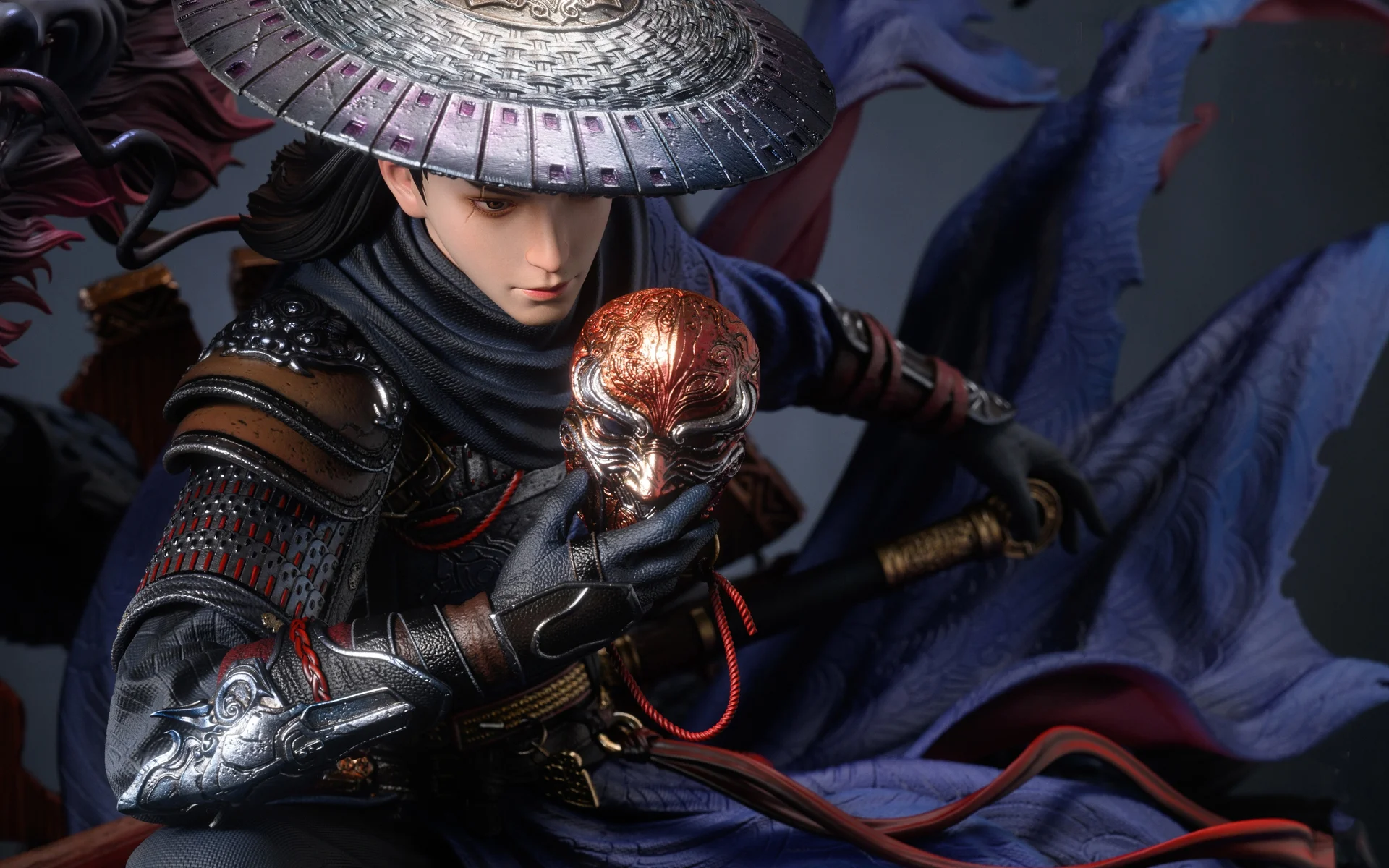 不良人古风侠客面具，紫袍斗笠 4K 手办摄影壁纸