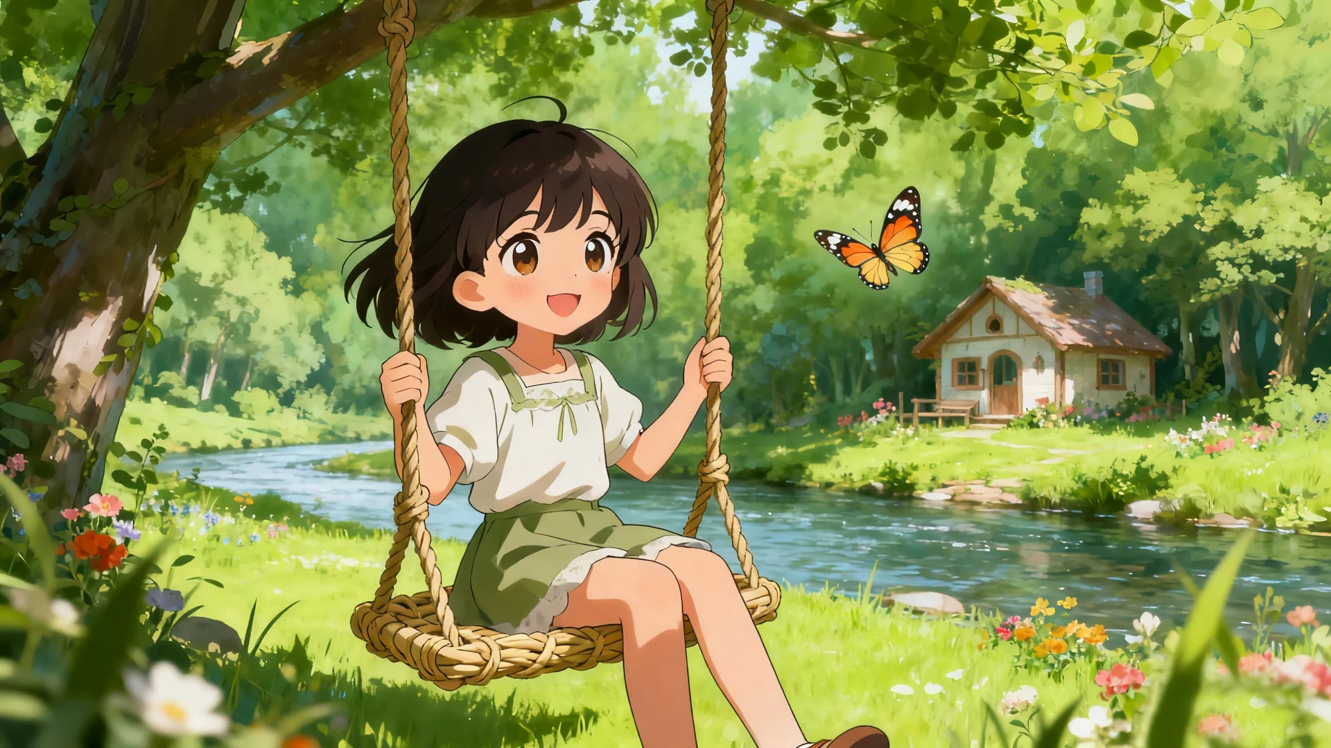 林间秋千少女，夏日治愈 4K 动漫插画壁纸