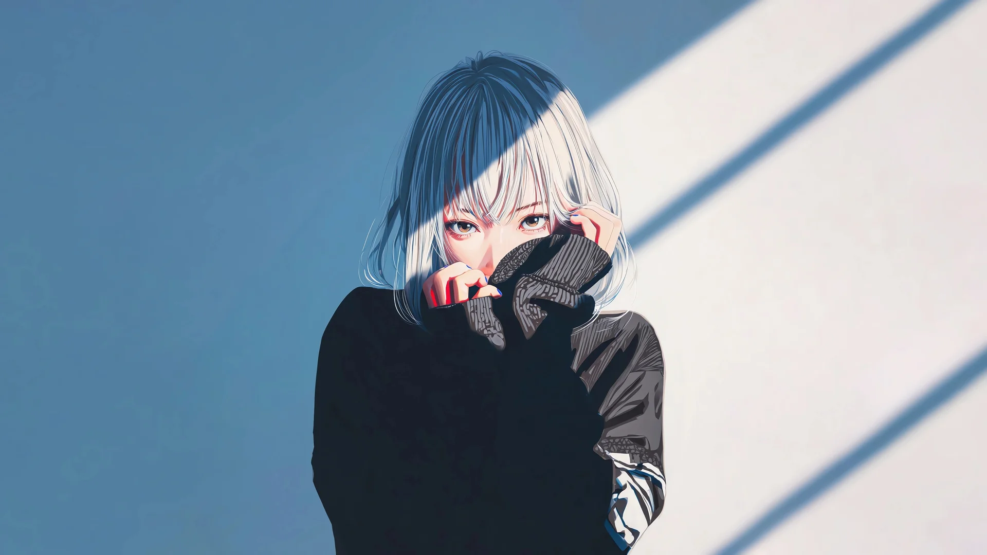 蓝灰渐变短发少女，光影 4K 动漫插画壁纸