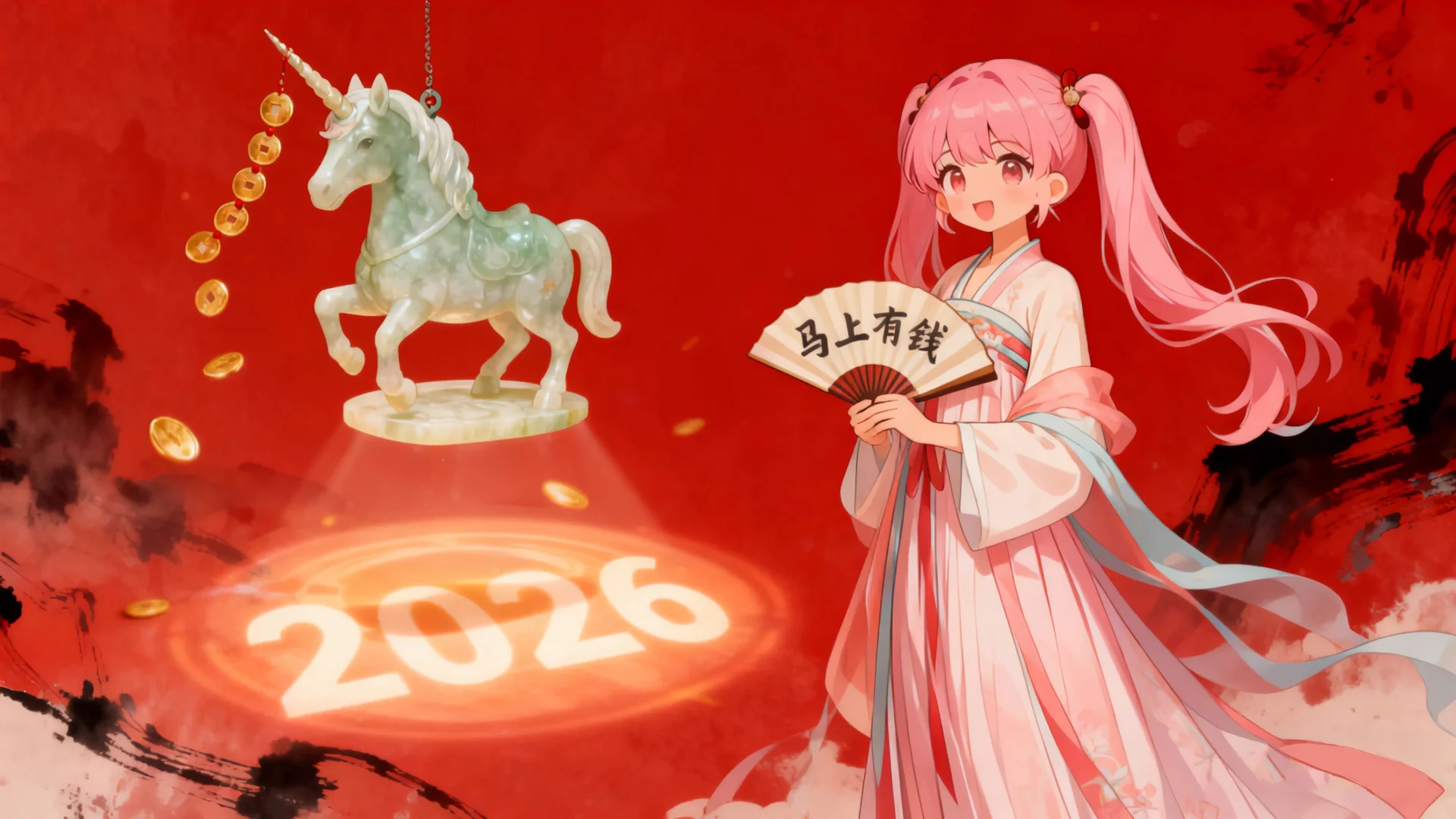 2026 马上有钱，粉发少女国风 4K 新年插画壁纸