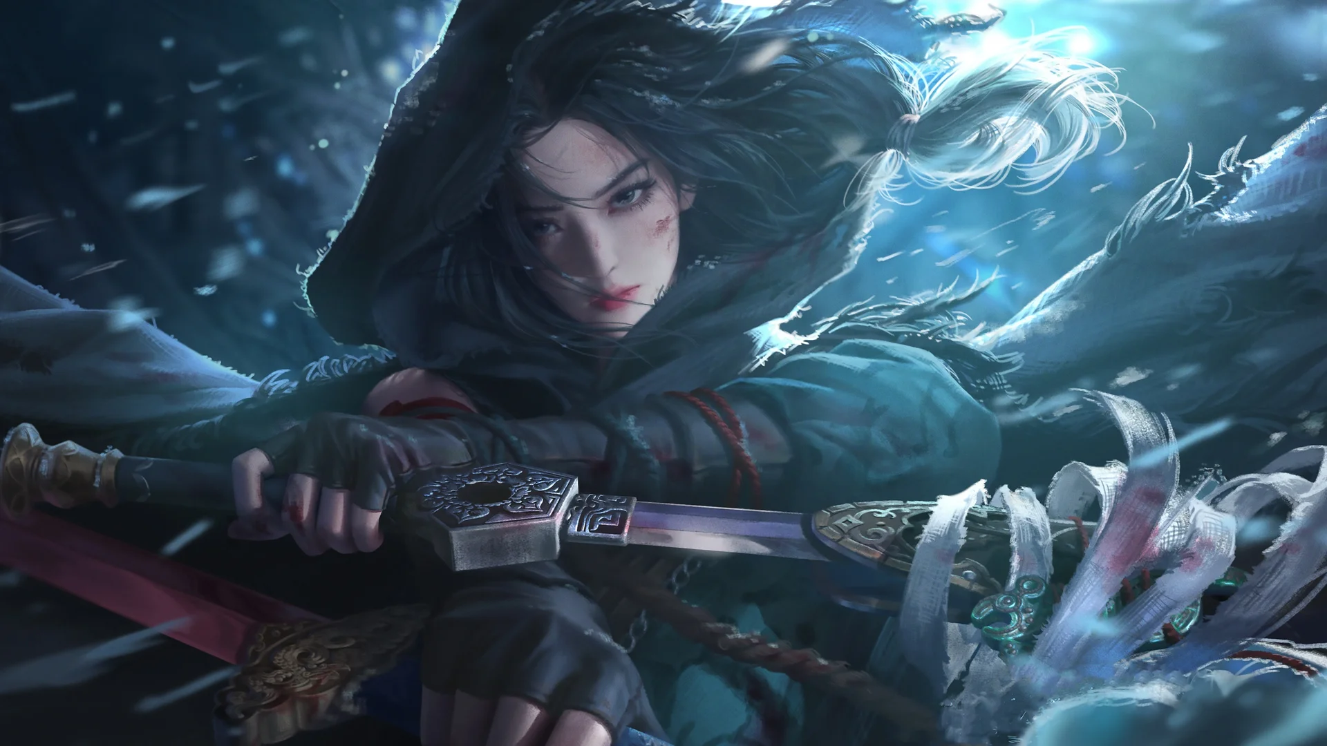 风雪女侠客，持剑前行 4K 武侠插画壁纸