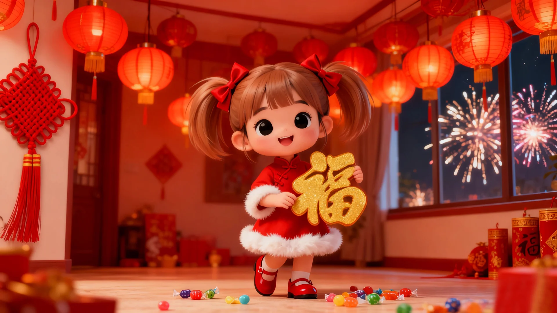 福娃送福，新年喜庆 3D 插画 4K 壁纸