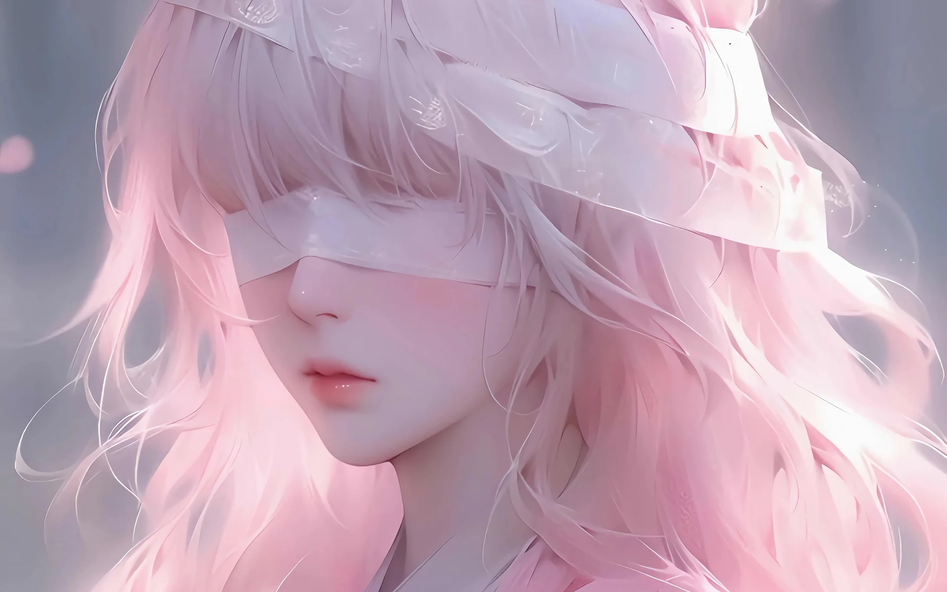 粉发蒙眼少女，柔光 4K 治愈系插画壁纸