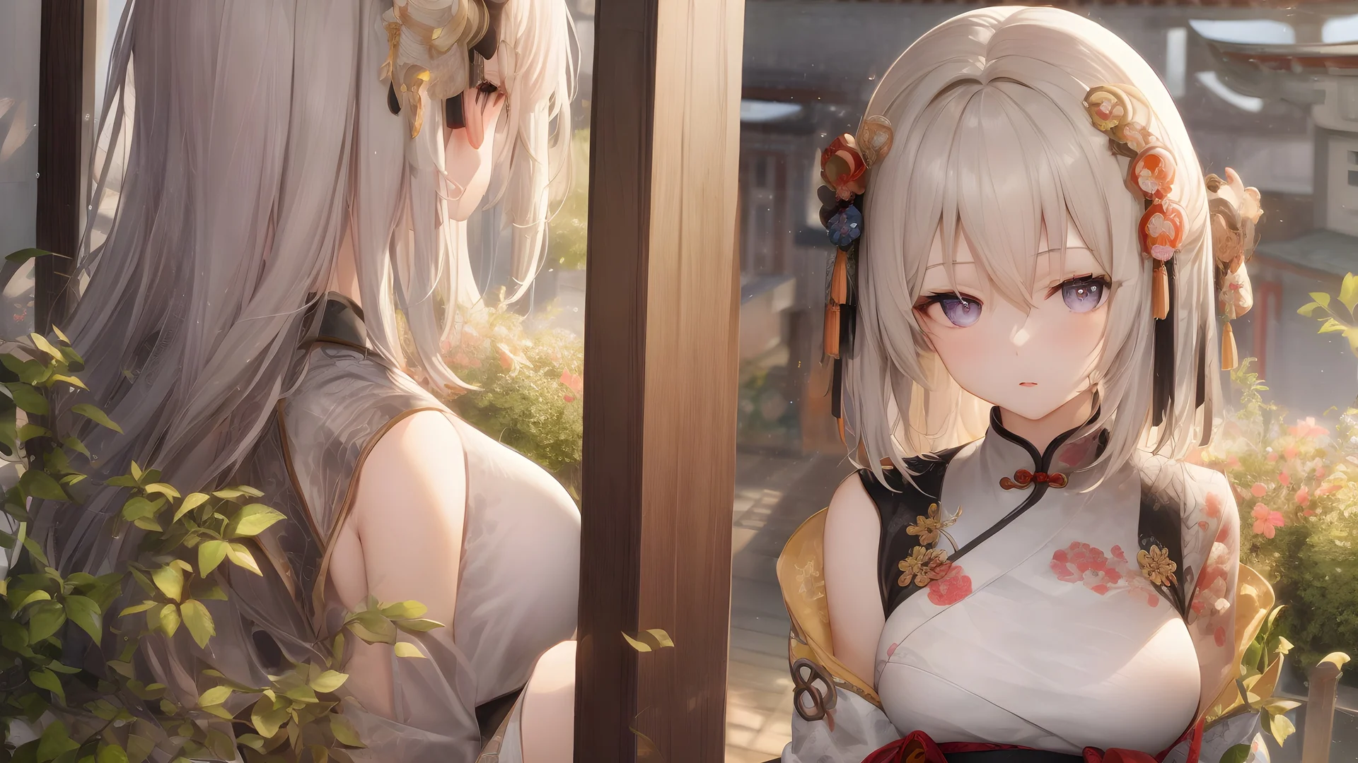 双生旗袍少女，庭院对望 4K 国风插画壁纸