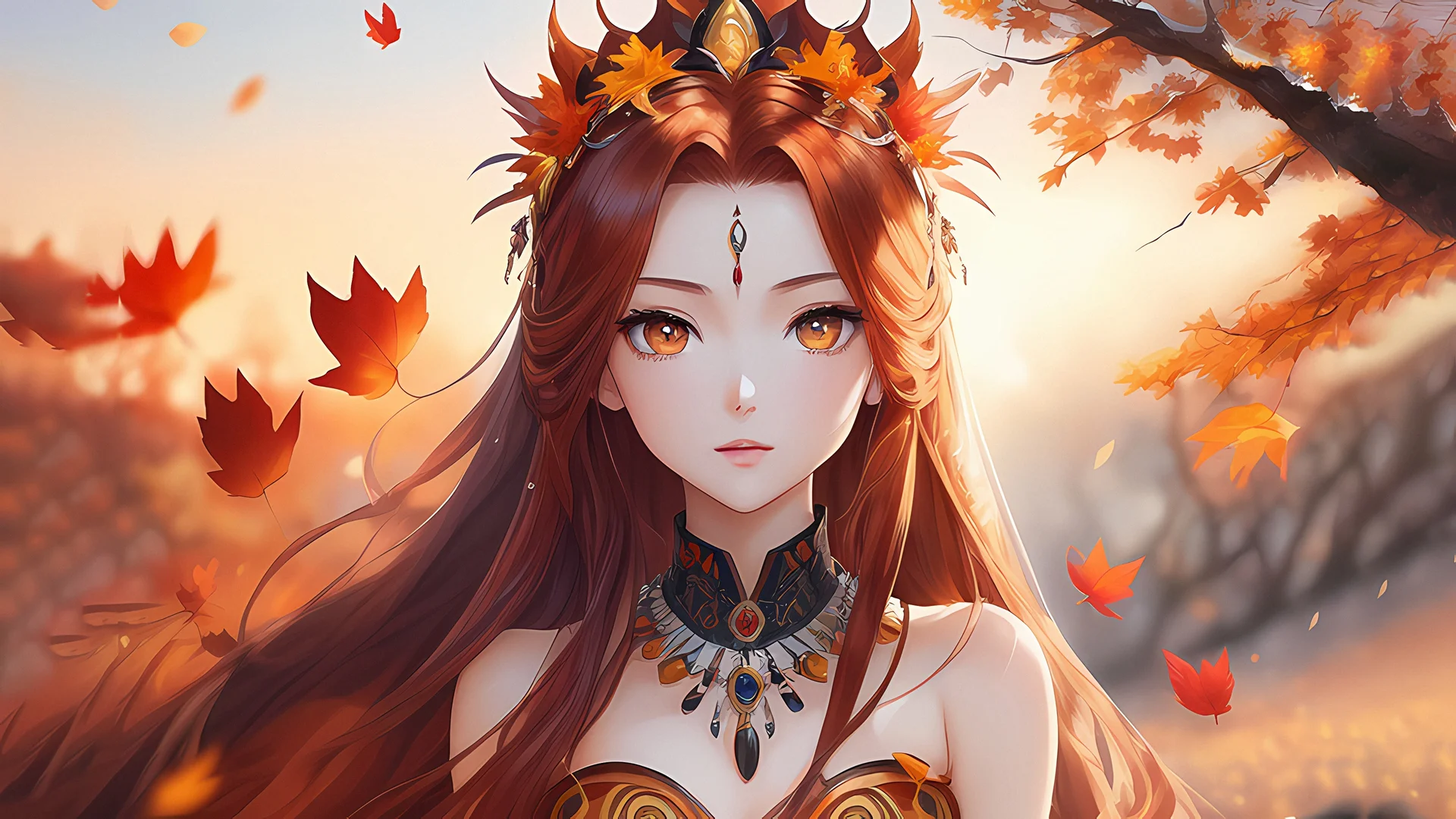 枫叶红发女神，秋日盛景 4K 插画壁纸