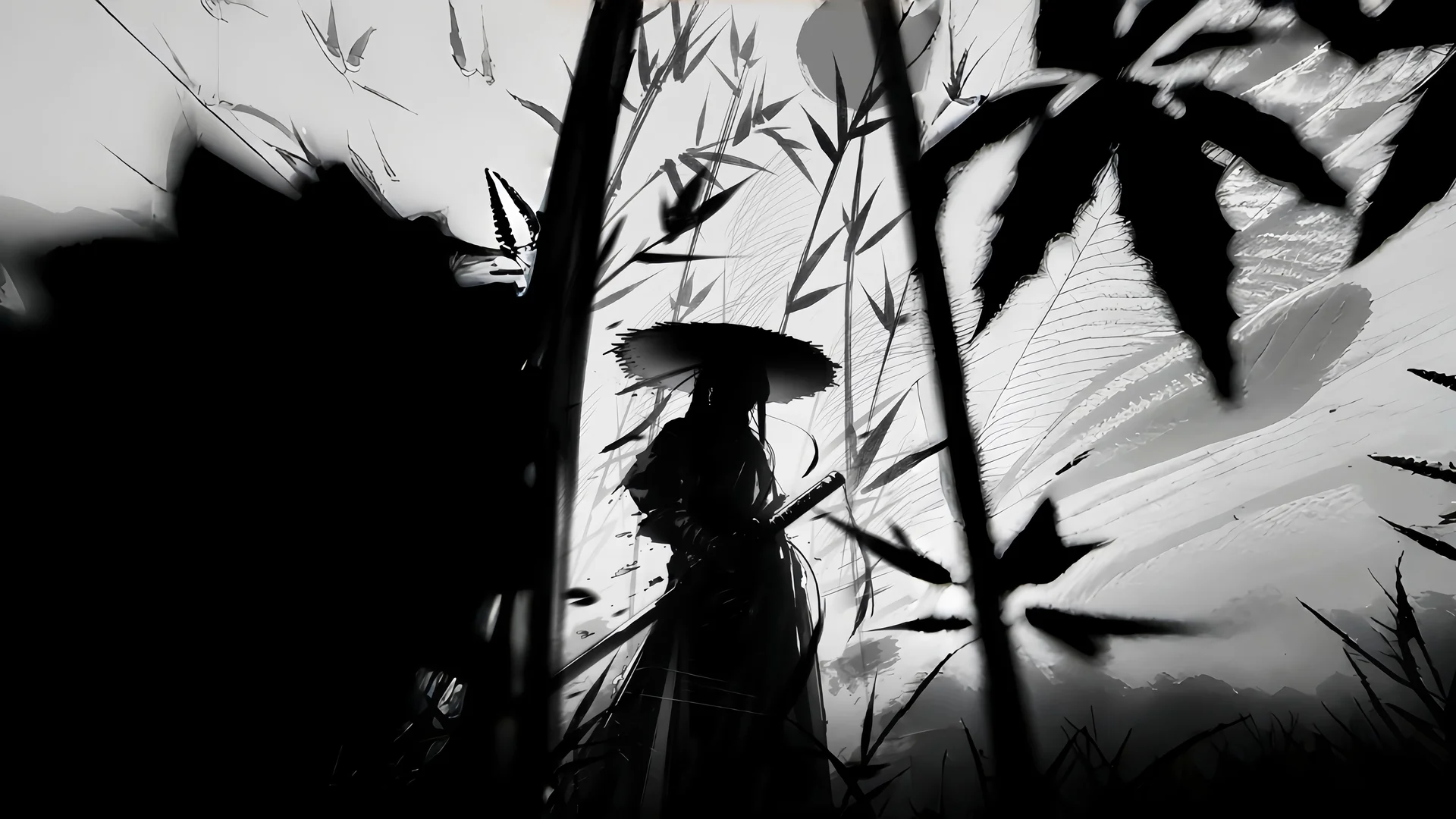 竹林侠客，黑白水墨 4K 武侠插画壁纸