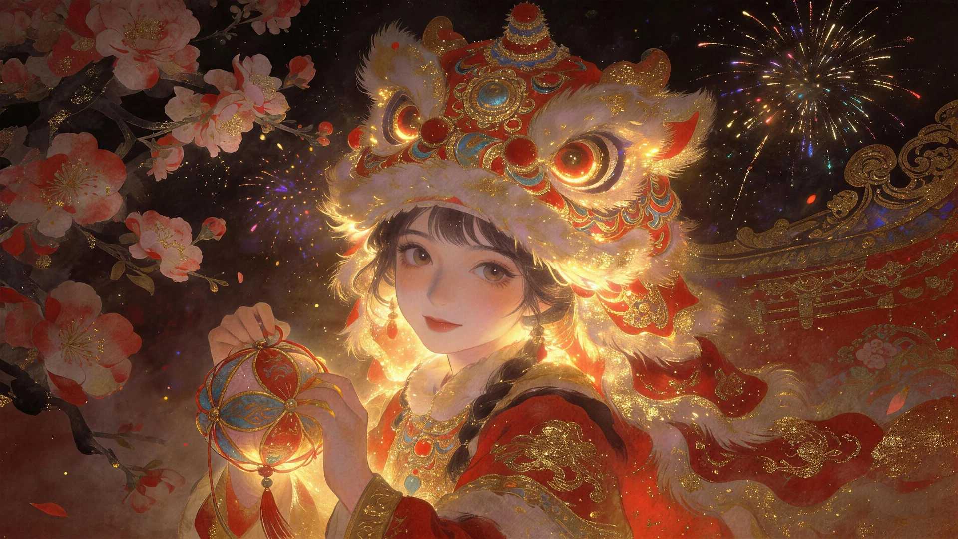 醒狮少女，新年盛景 4K 国风插画壁纸
