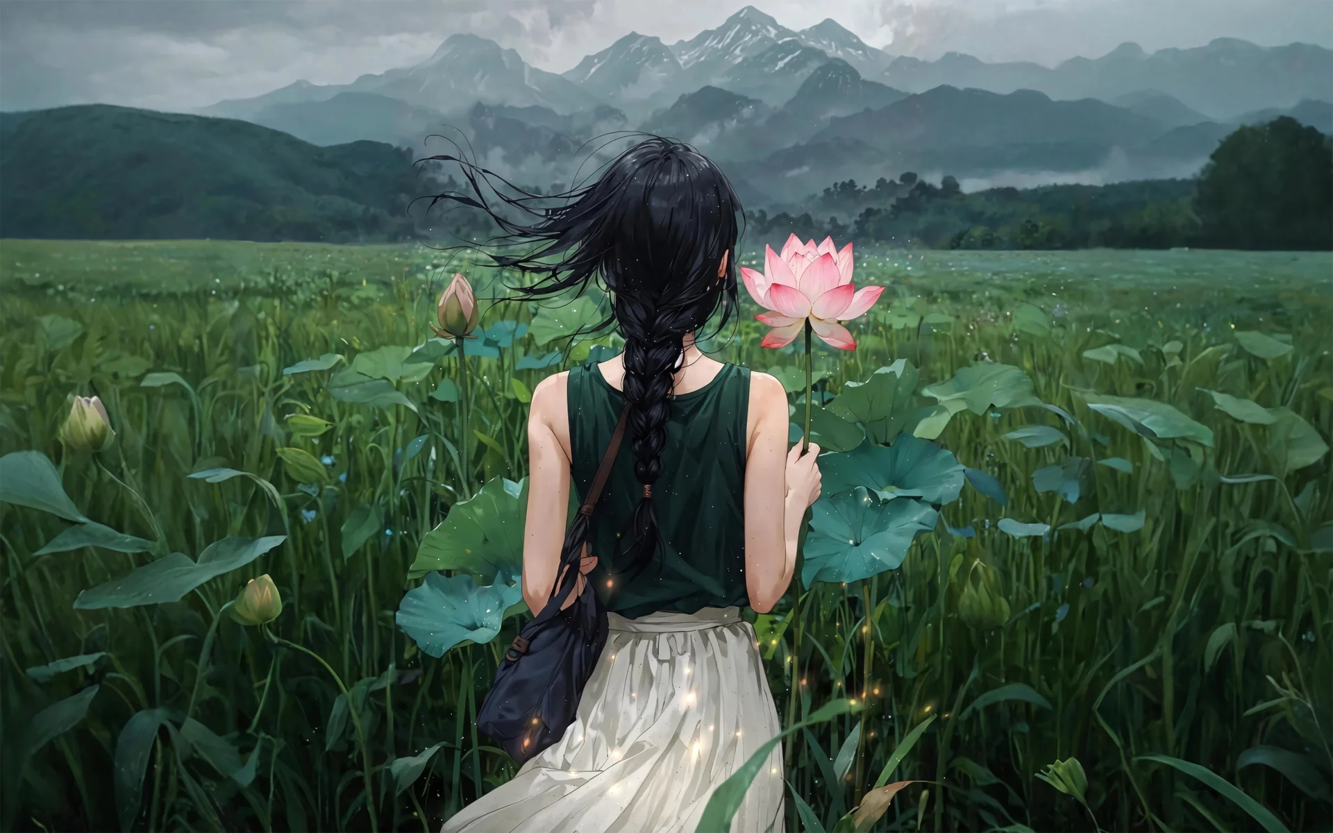 荷田远山少女，自然治愈 4K 插画壁纸