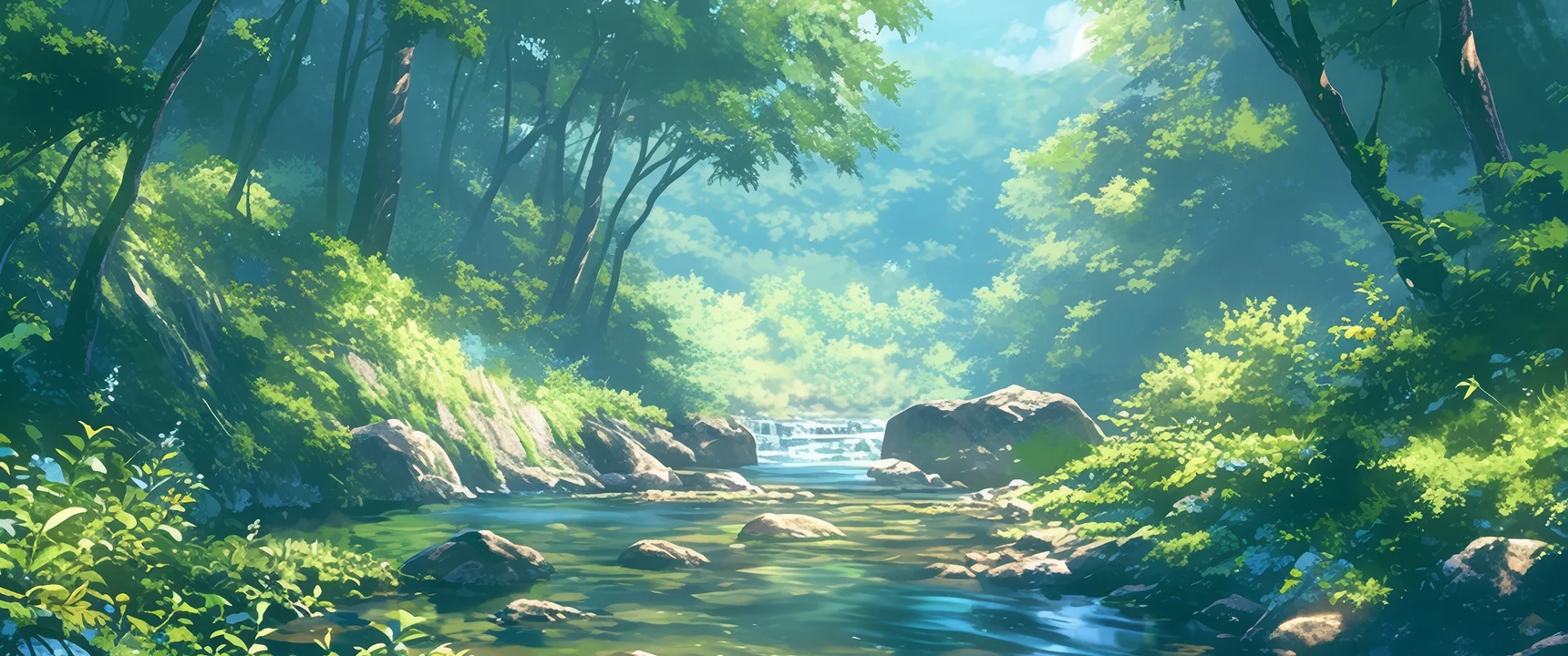 森林溪流，动漫风 4K 治愈风景插画壁纸