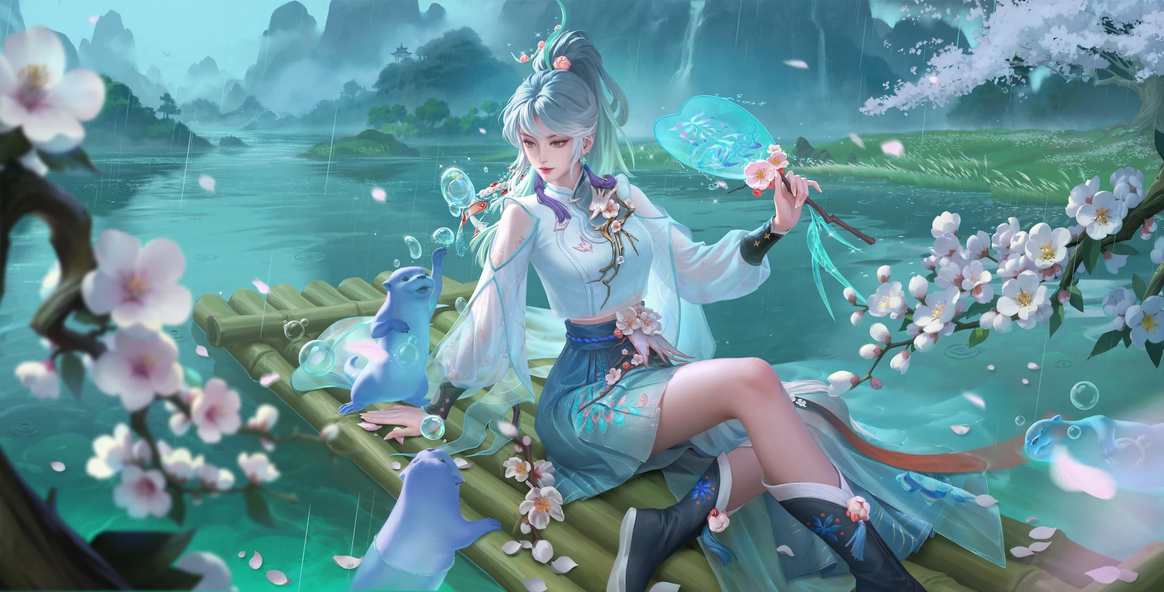 王者荣耀 上官婉儿 竹筏少女与水獭，江南烟雨 4K 国风插画壁纸