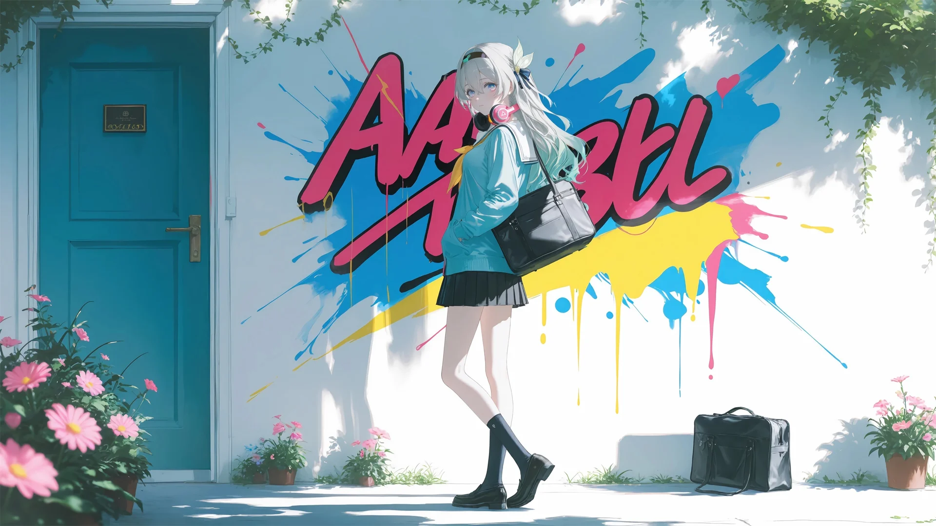 流萤涂鸦墙，青春校园 4K 动漫插画壁纸