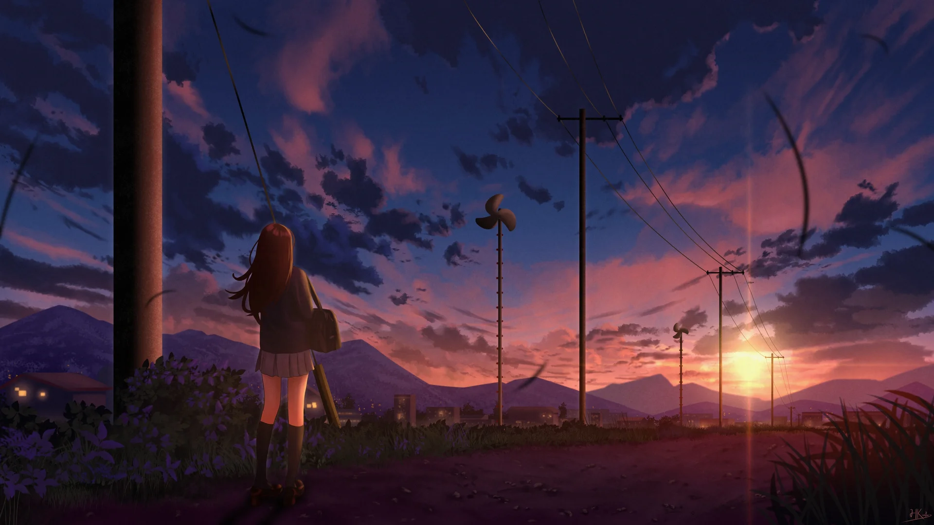 黄昏归途少女，日系治愈 4K 动漫插画壁纸