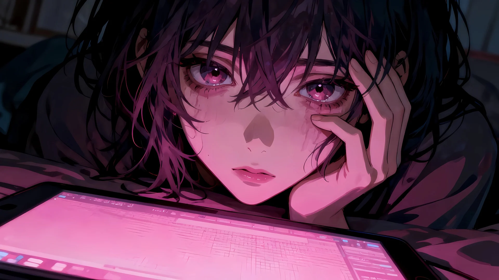 粉瞳少女深夜，氛围感 4K 动漫插画壁纸