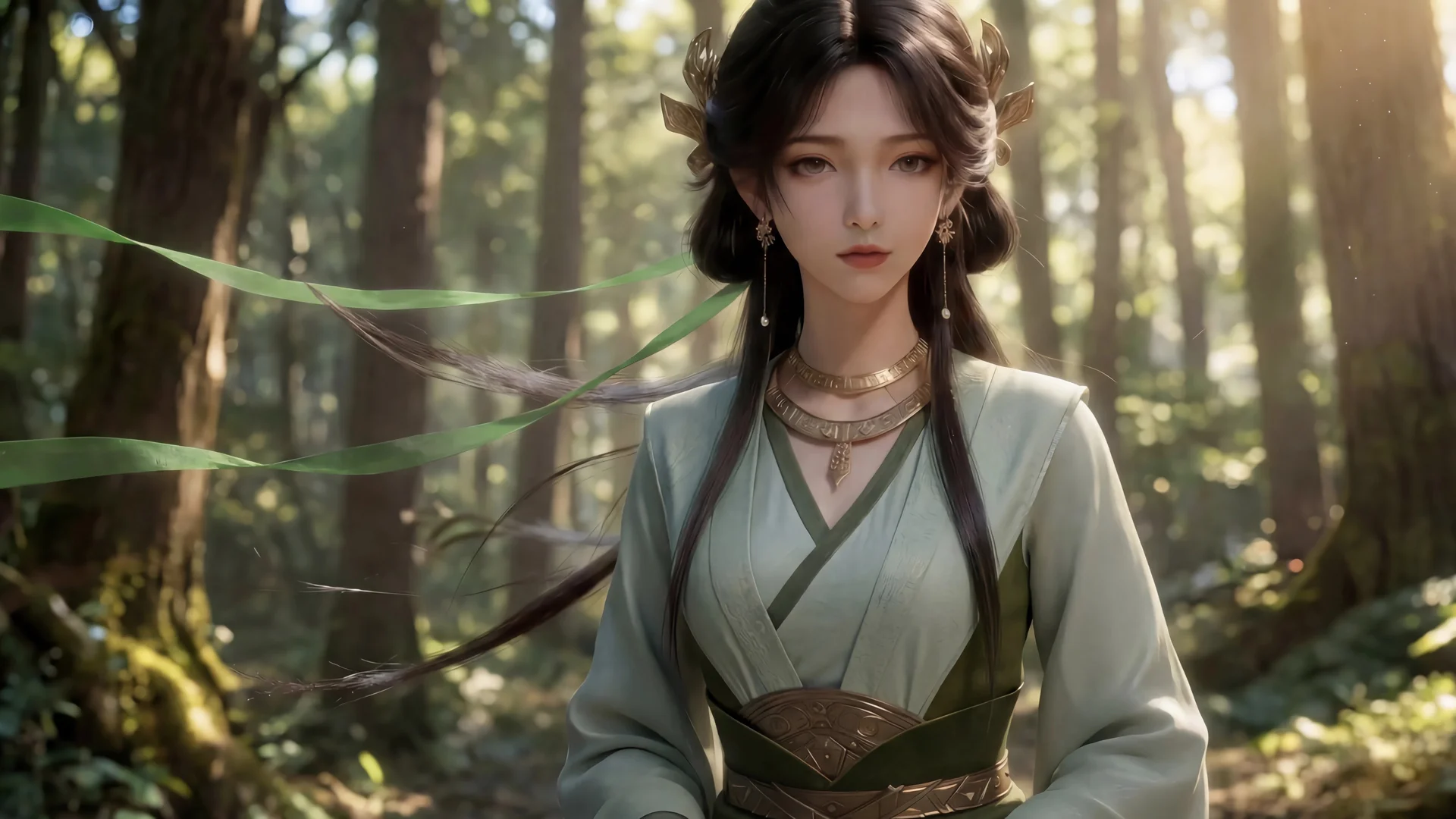 凡人修仙传 梅凝古风绿衣女子，林间仙气 4K 国风插画壁纸