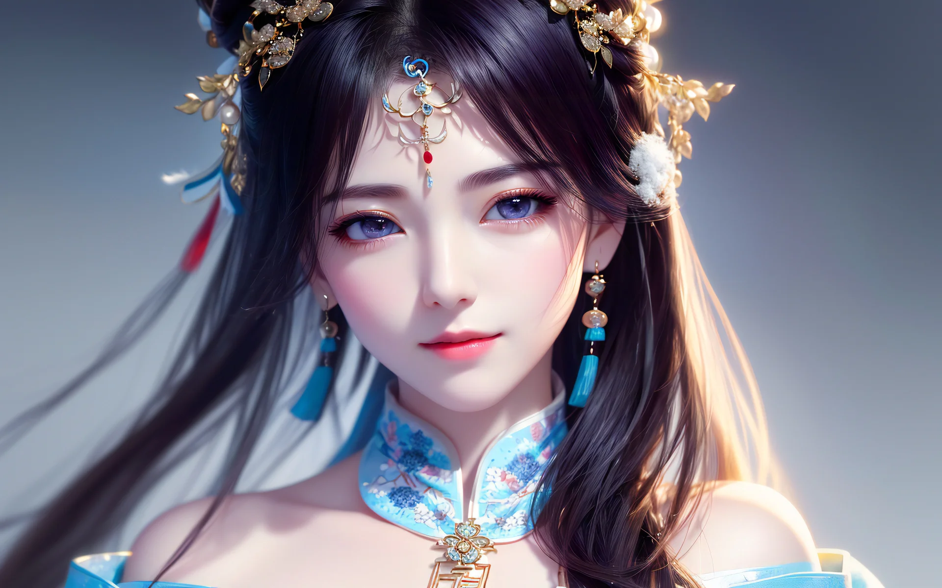 古风金饰蓝裙少女，清辉玉颜 4K 插画壁纸