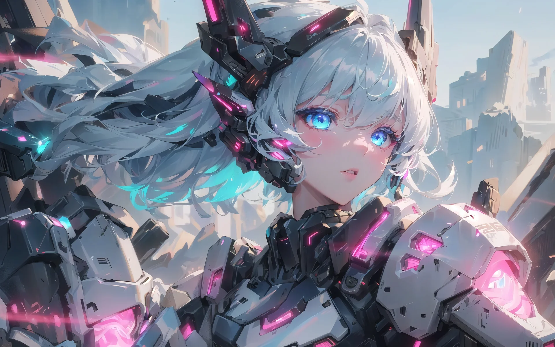 赛博机甲少女，粉晶战姬 4K 插画壁纸