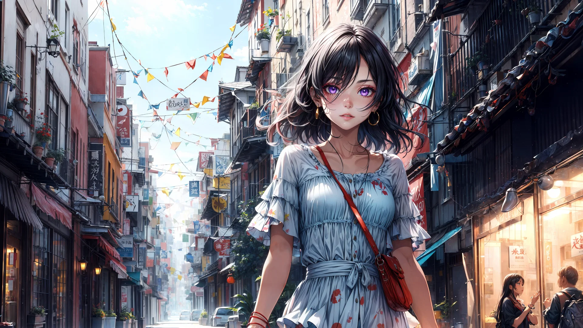 日系街景少女，紫瞳巷隅 4K 插画壁纸