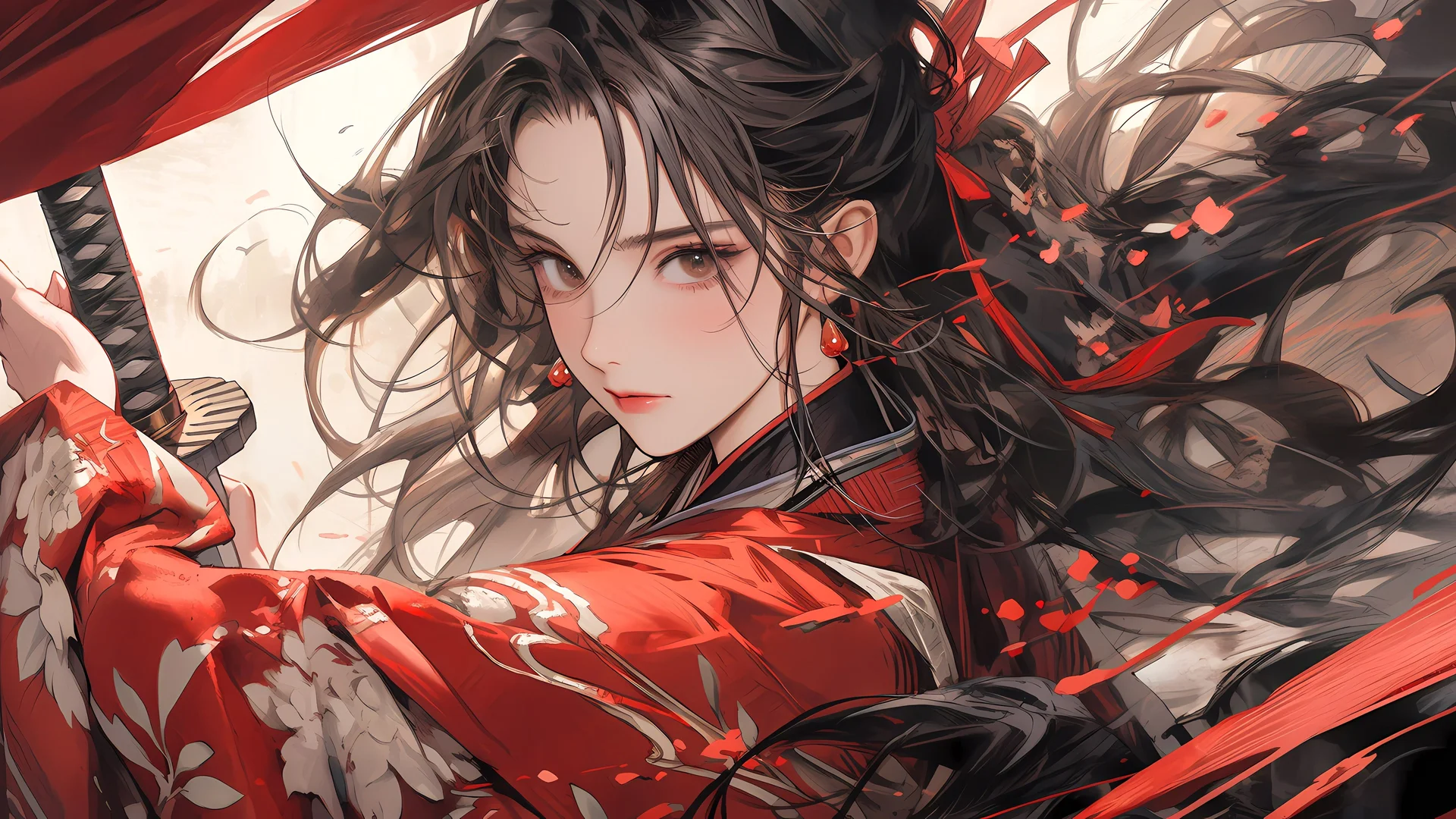 赤影执剑，绯衣惊鸿 4K 古风插画壁纸