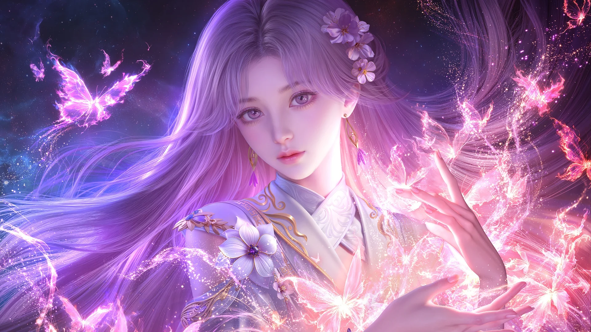 紫蝶仙姬，蝶舞星澜 4K 古风仙侠插画壁纸