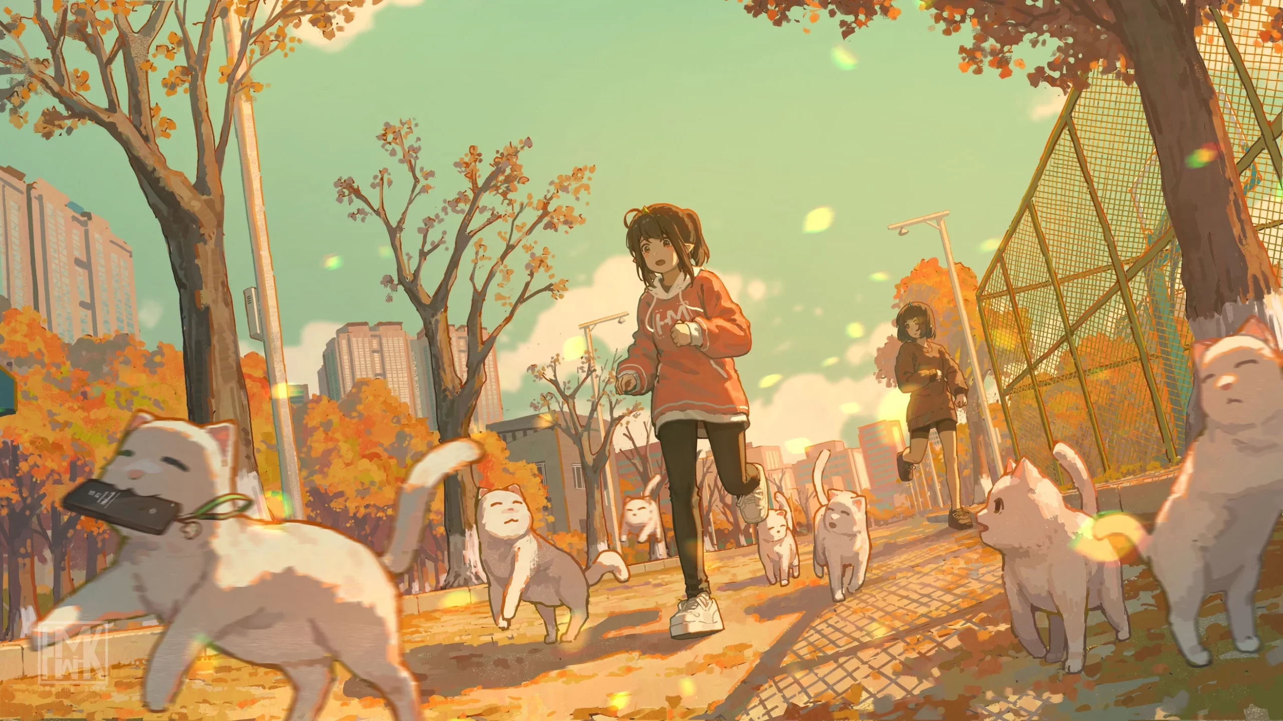 秋野猫追，暖橙归途 4K 治愈插画壁纸4K壁纸_4K动漫