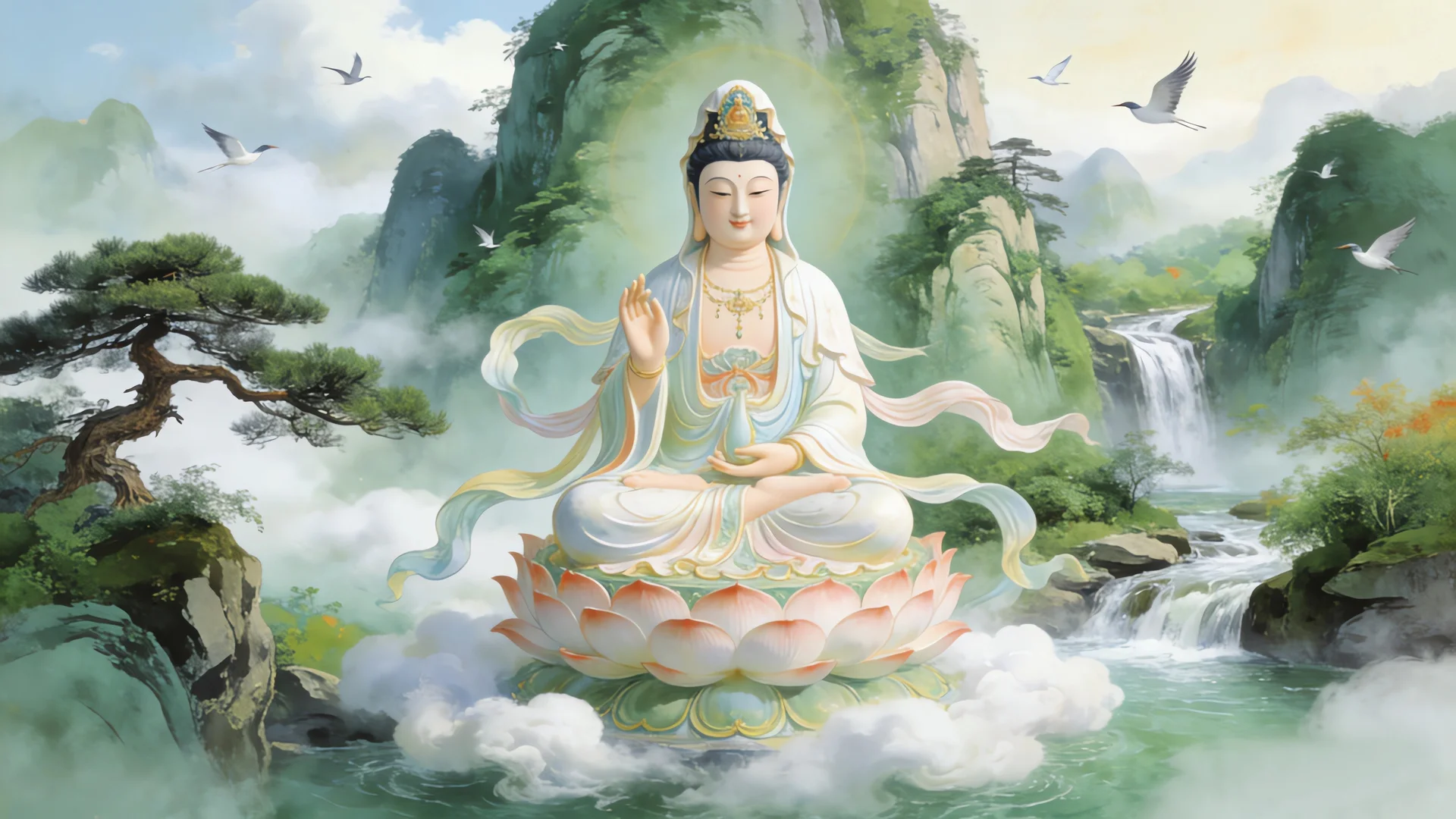 观音菩萨，莲台圣境 4K 国风插画壁纸