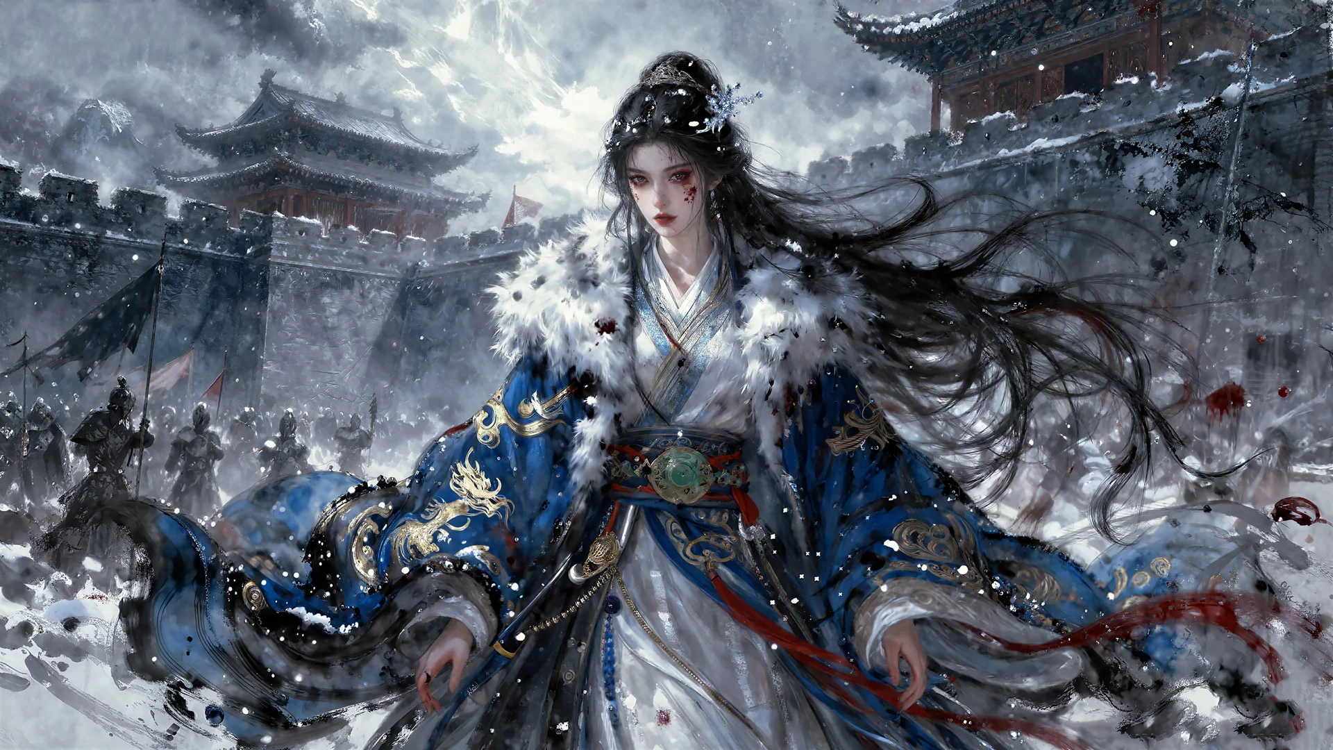 雪国女将，孤城战歌 4K 古风仙侠插画壁纸