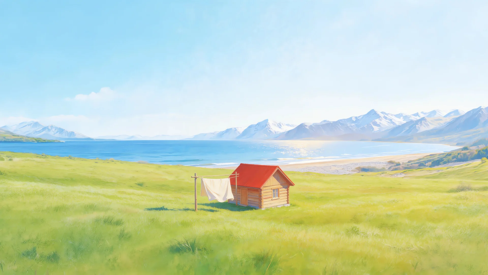 海岸木屋，晴海闲居 4K 治愈插画壁纸4K壁纸_4K风景