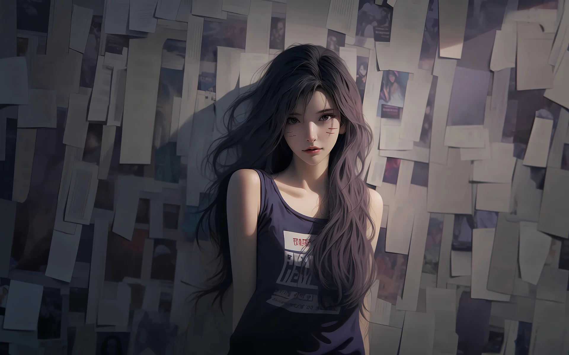 旧信墙前,紫发少女 4K 氛围感 AI 插画壁纸4K壁纸_4K动漫