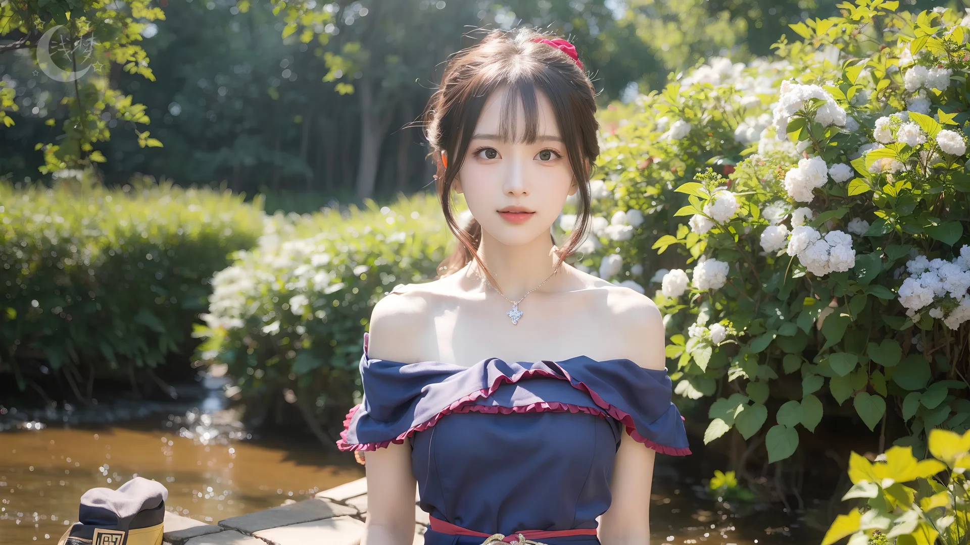 溪畔花影，森系少女 4K 清新 AI 写真壁纸