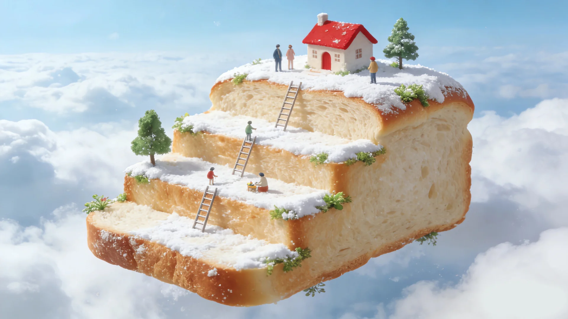 面包云岛，阶梯吐司 4K 创意微缩插画壁纸