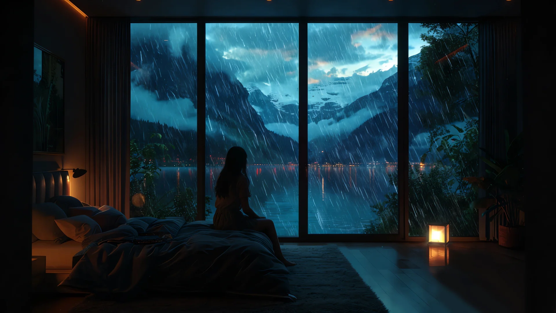 雨夜观山，湖景卧室 4K 氛围感插画壁纸