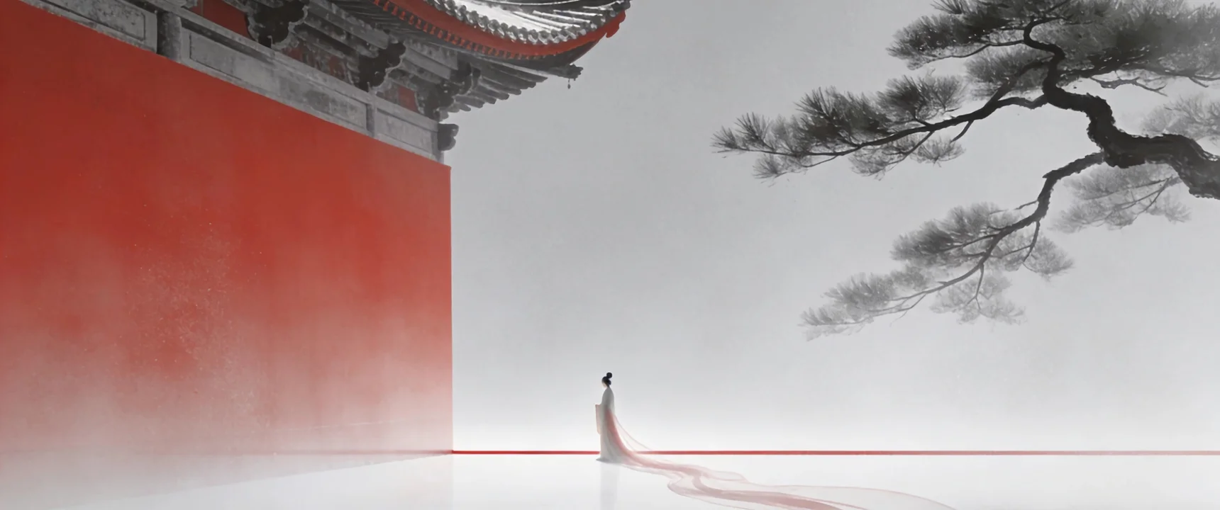 红墙松影，古风仕女 4K 极简国风插画壁纸