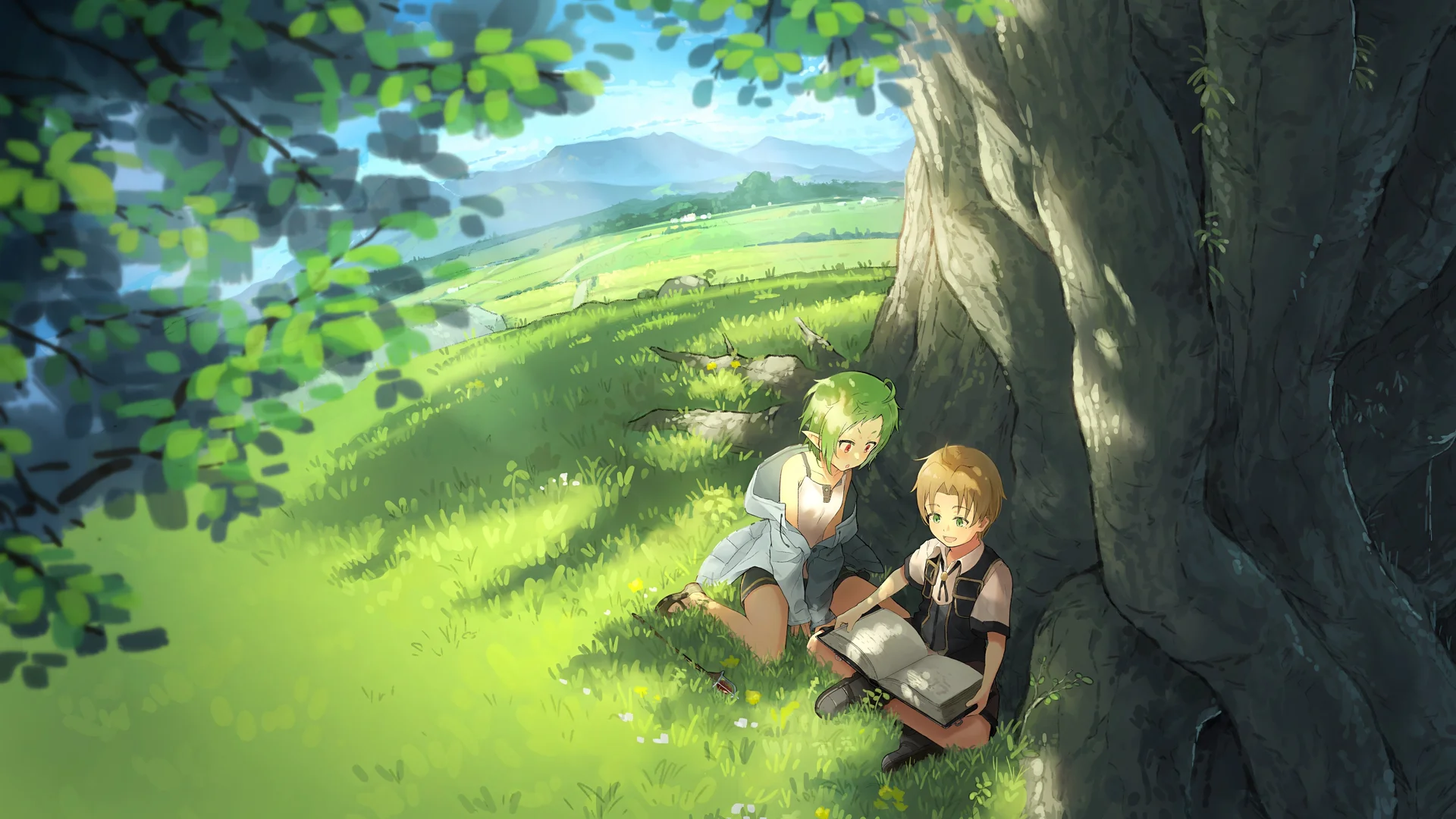 树荫共读，《无职转生》鲁迪与希露菲叶 4K 治愈插画壁纸