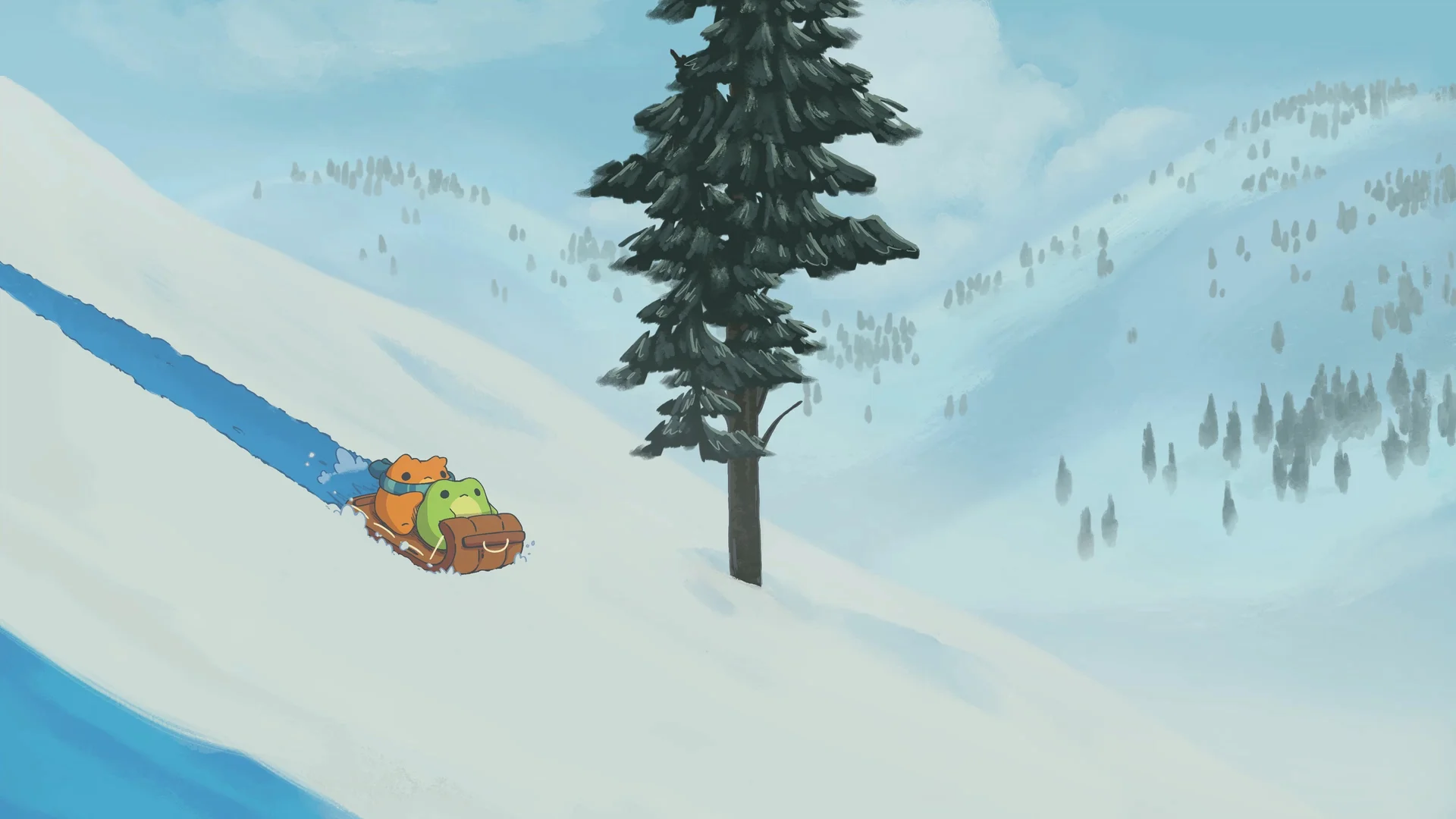 雪坡飞驰，青蛙兄弟 4K 冬日治愈插画壁纸