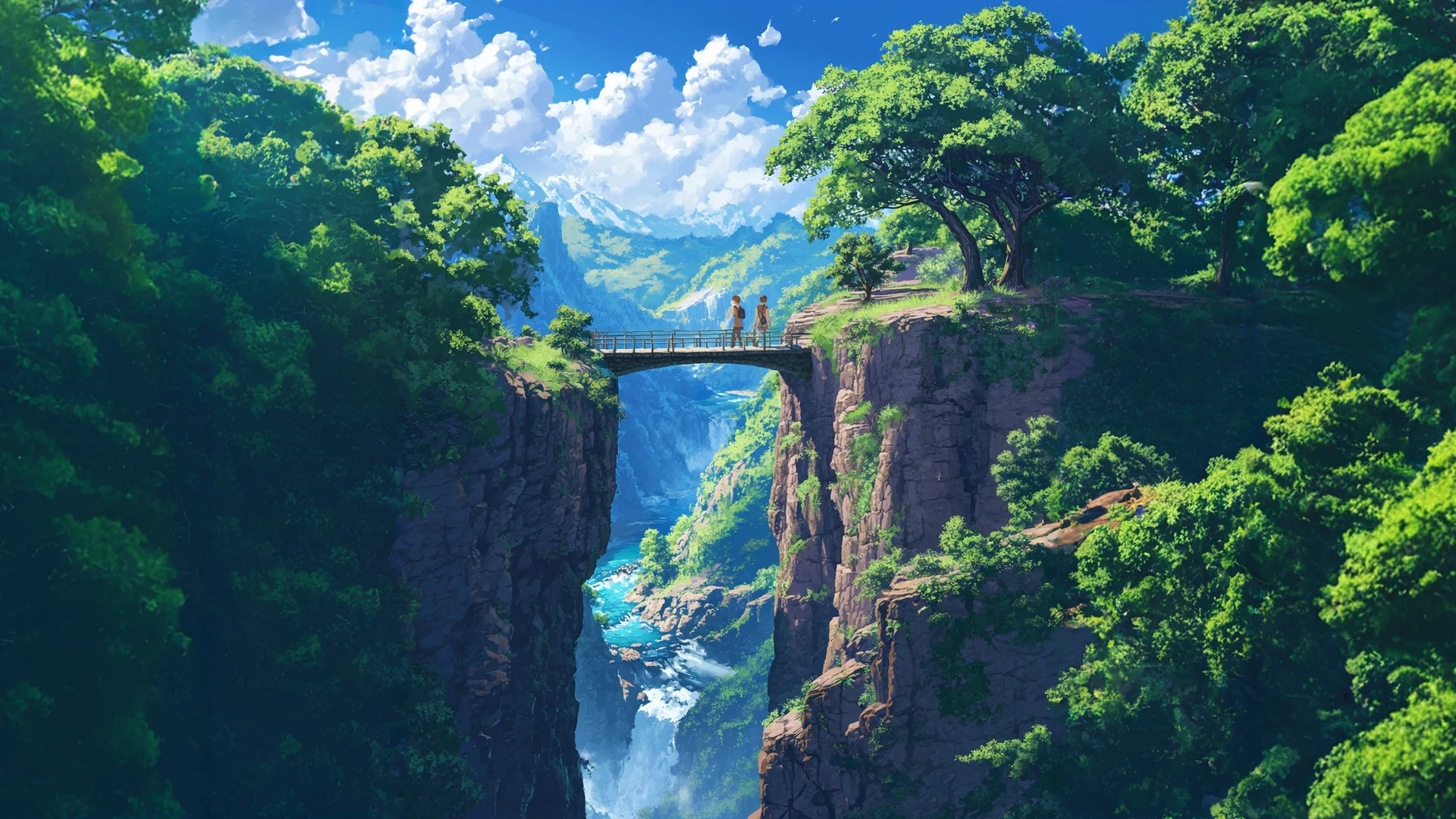 云巅之桥，动漫风峡谷探险 4K 治愈插画壁纸4K壁纸_4K动漫