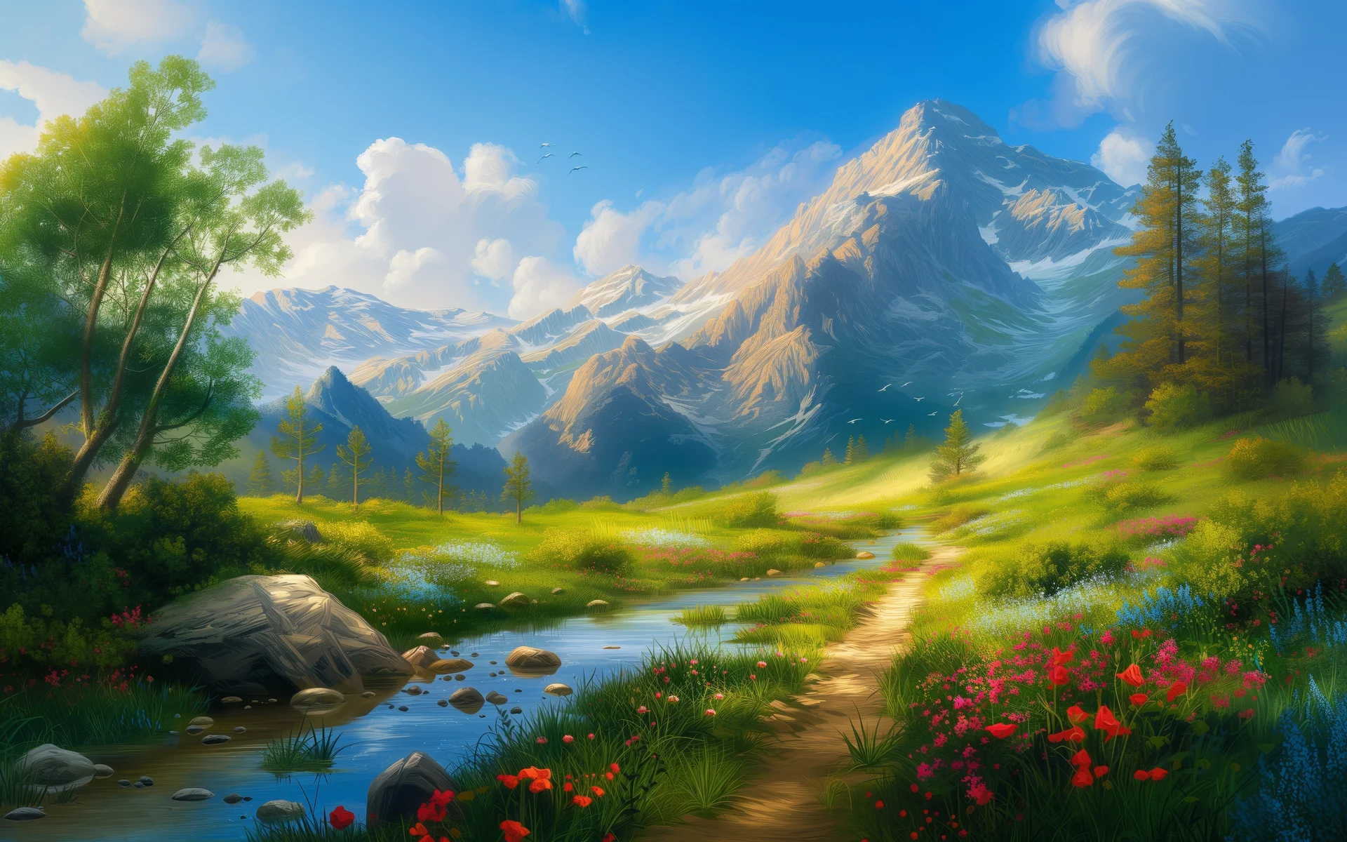 春涧寻踪，阿尔卑斯春日 4K 治愈插画壁纸