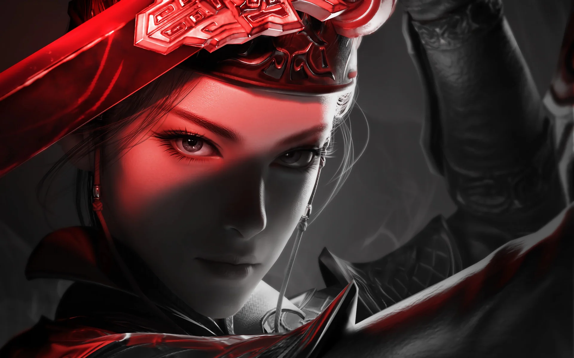 红缨破阵，国风女将 4K 暗黑武侠插画壁纸