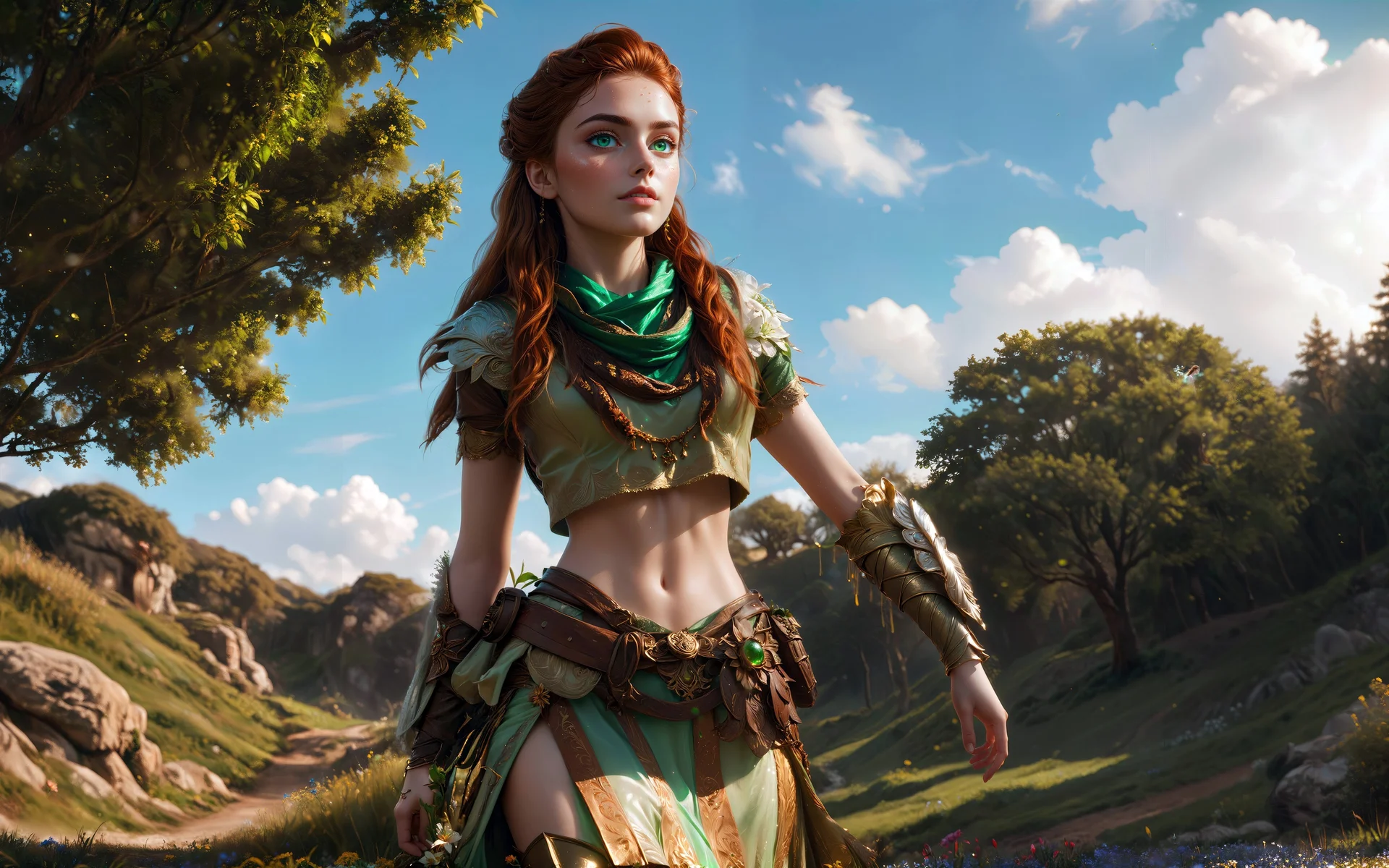 绿野精灵，红发精灵少女 4K 奇幻插画壁纸