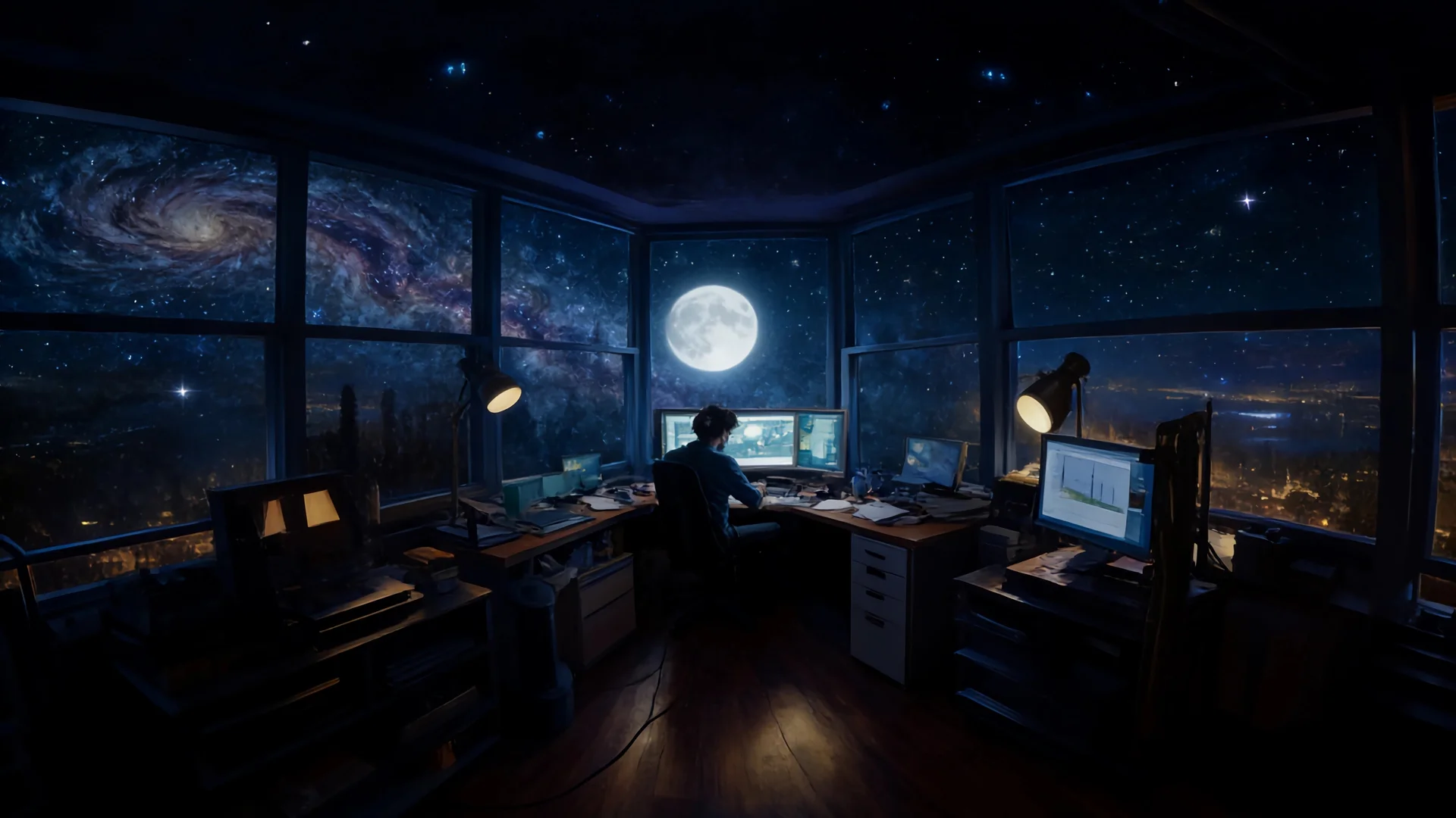 星夜伏案，星空办公室 4K 科幻氛围感插画壁纸4K壁纸_4K人物