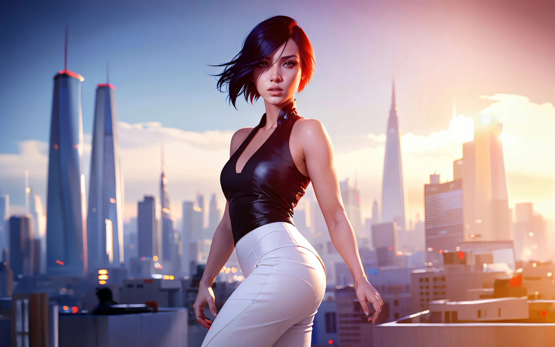 城巅锐影，赛博都市红发少女 4K 科幻插画壁纸