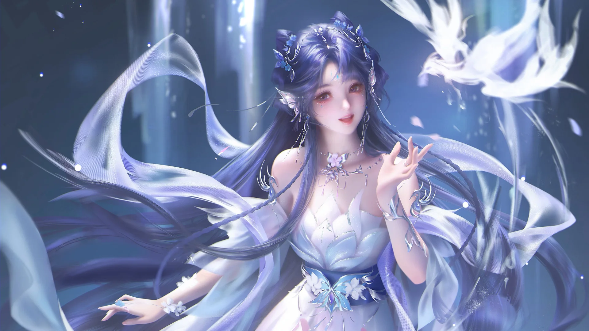 清澜仙羽，蓝发仙侠少女 4K 国风插画壁纸4K壁纸_4K动漫