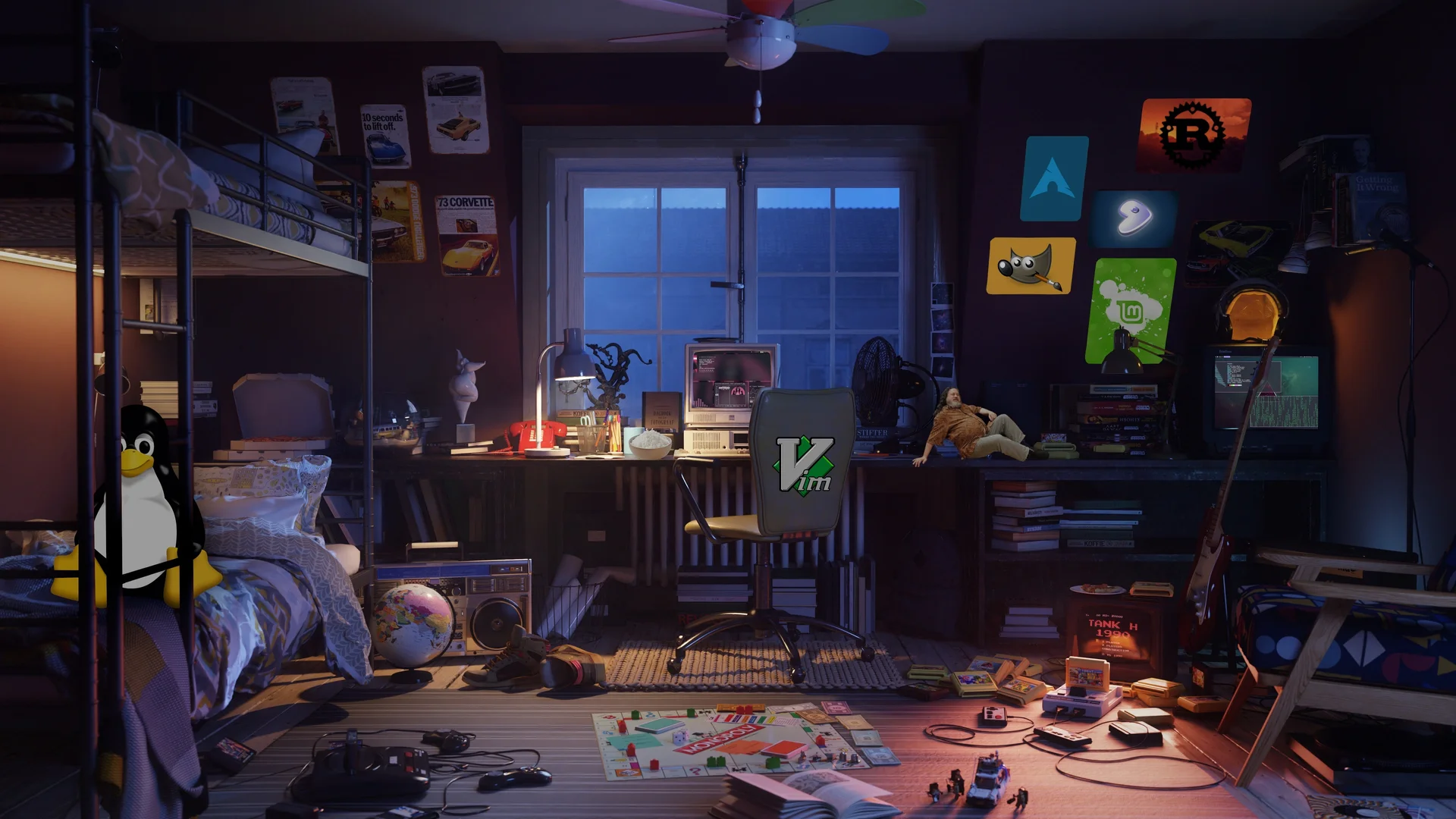 代码与旧梦，极客复古卧室 4K 插画壁纸