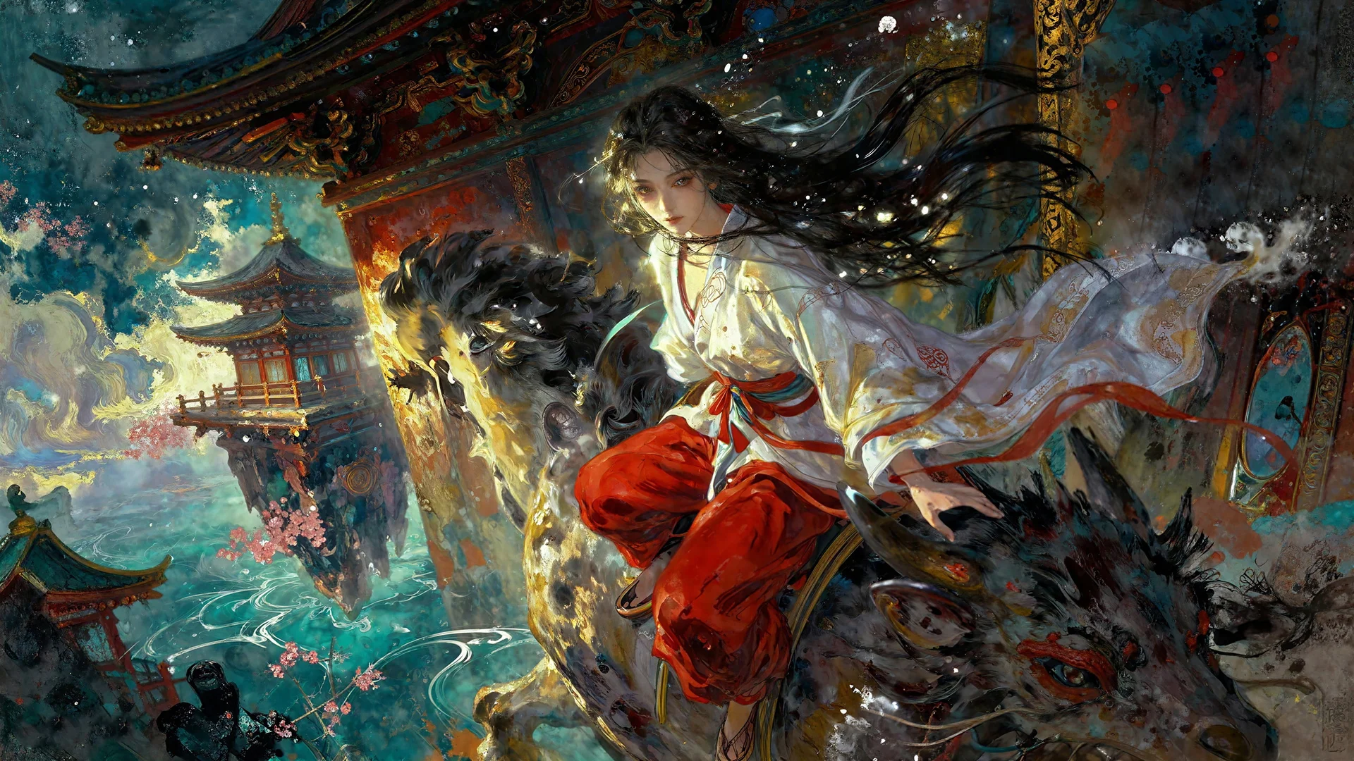 云阙仙骑，古风少女骑兽 4K 国风插画壁纸